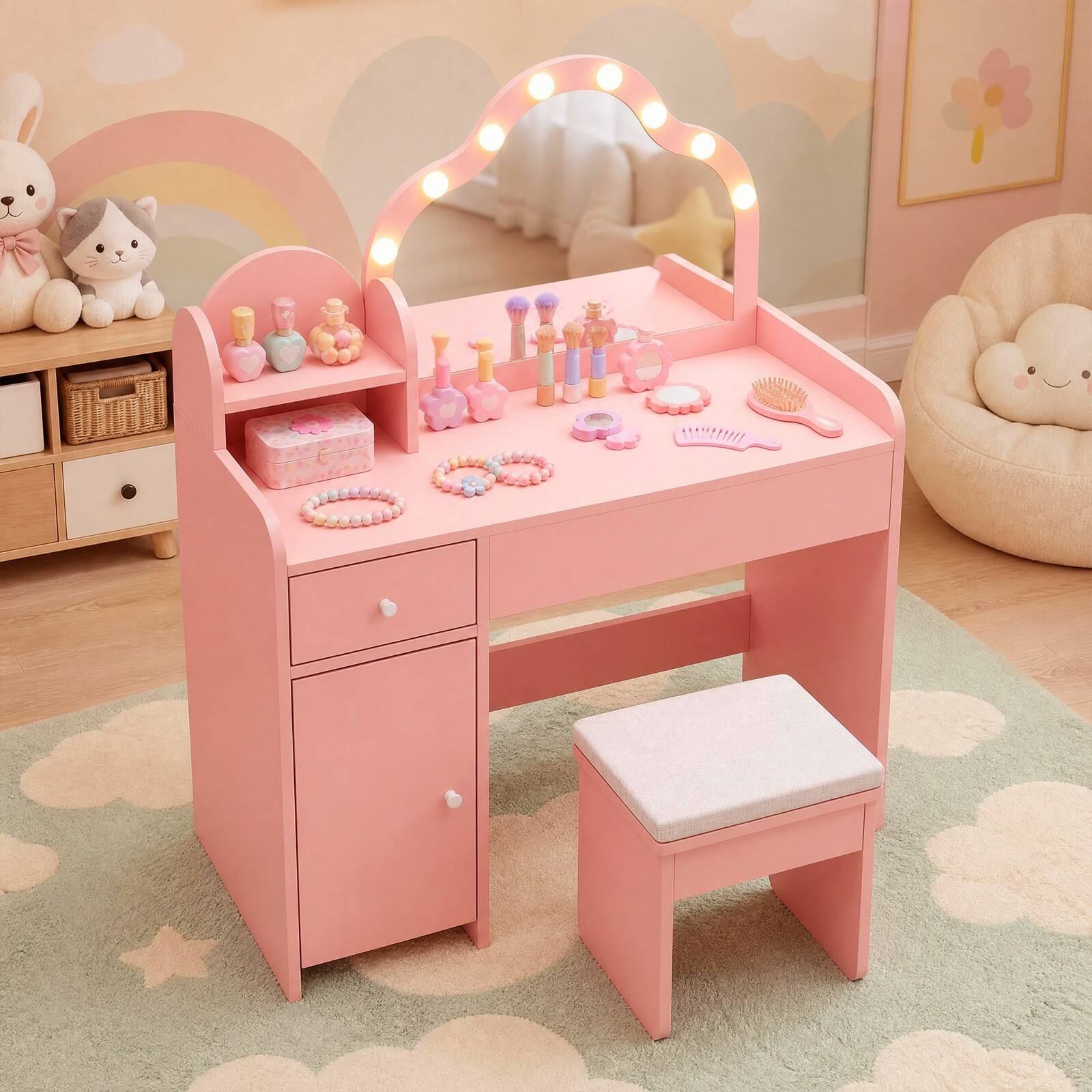 Alt View 3. Costway - Costway Kids Vanity Desk Set with Lighted Mirror Stool Drawer Cabinet - Pink.