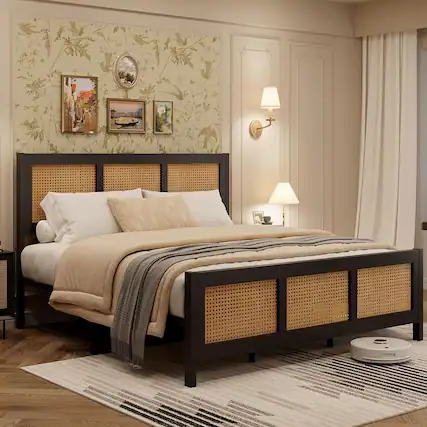 Front. GARVEE - Bed Frame with Rattan Headboard, Bohemian Style Platform, Metal Slats Support, Quiet Construction - Black.