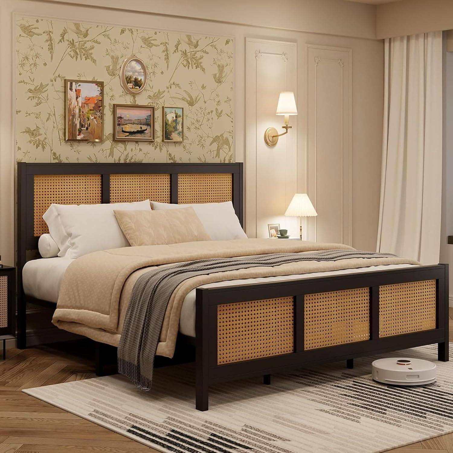 Front. GARVEE - Bed Frame with Rattan Headboard, Bohemian Style Platform, Metal Slats Support, Quiet Construction - Black.