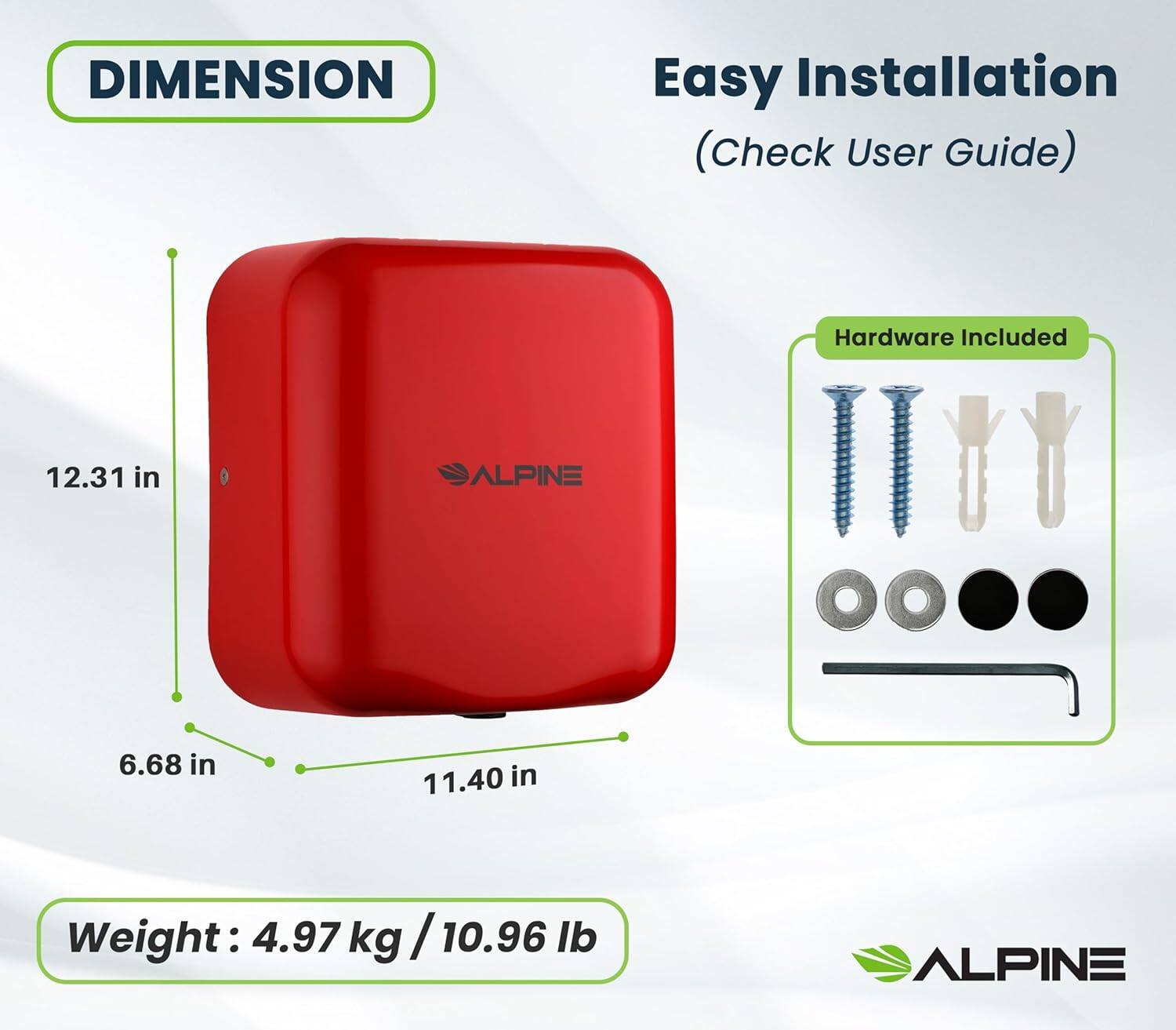 DIMENSION, Easy Installation (Check User Guide), Hardware Included, 12.31 in, ALPINE, 6.68 in, 11.40 in, Weight: 4.97 kg / 10.96 lb, ALPINE