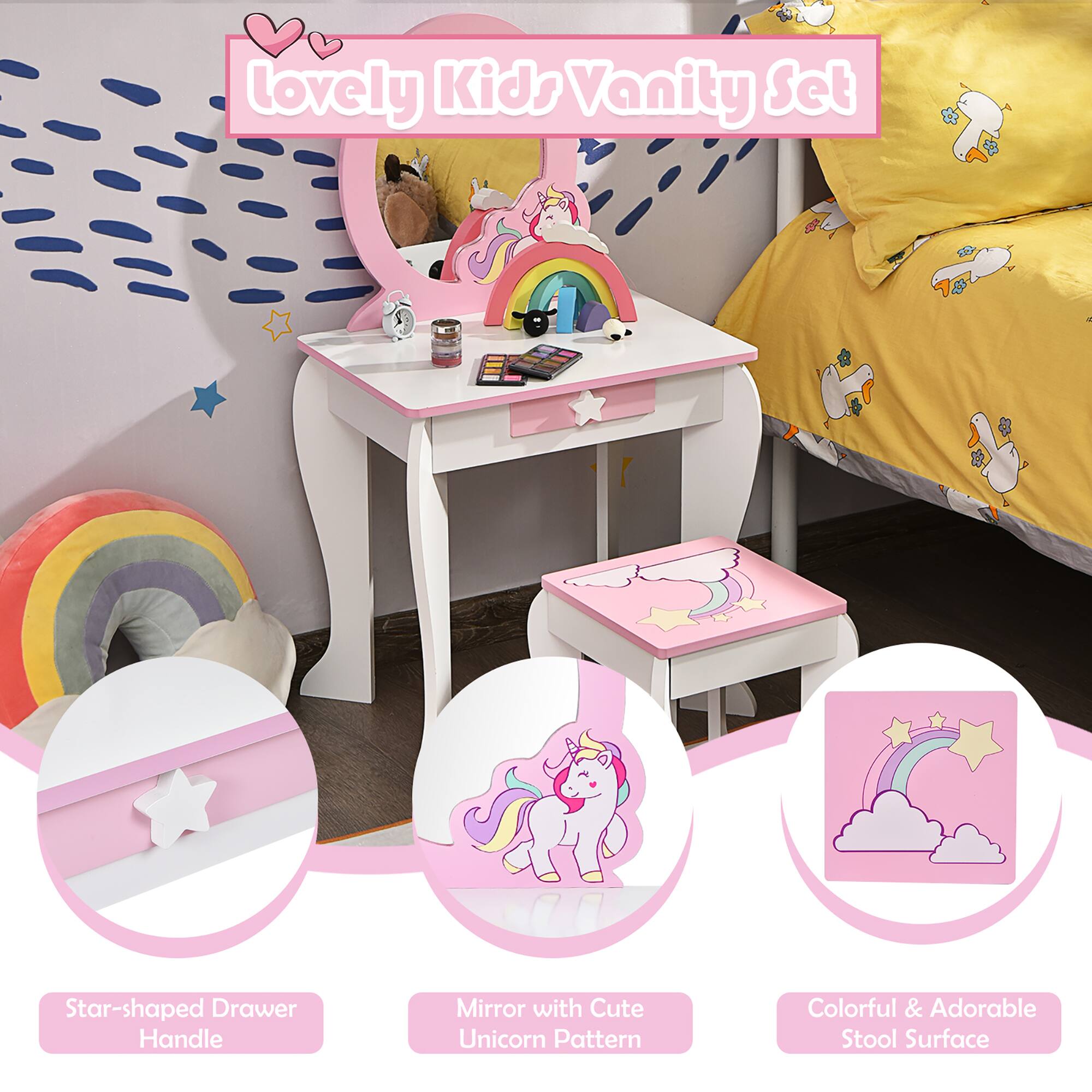 Lovely Kids Vanity Set

- Star-shaped Drawer Handle
- Mirror with Cute Unicorn Pattern
- Colorful & Adorable Stool Surface