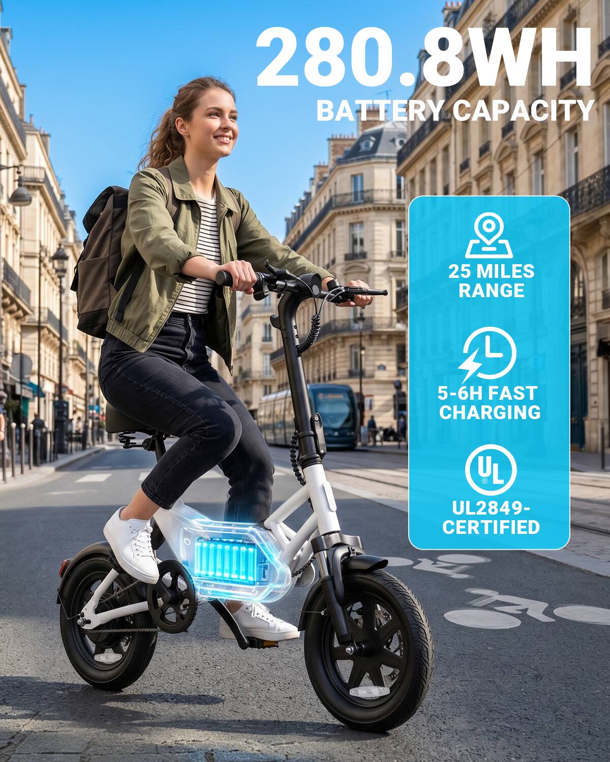 280.8WH BATTERY CAPACITY  
25 MILES RANGE  
5-6H FAST CHARGING  
UL2849-CERTIFIED