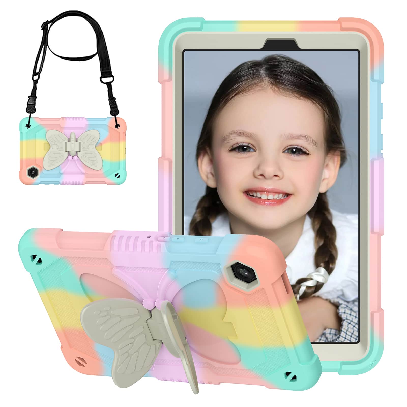 Dteck - for Samsung Galaxy Tab A11 / A9 8.7 Inch Tablet Case, Kids-Friendly Butterfly Stand with Shoulder Strap - Rainbow