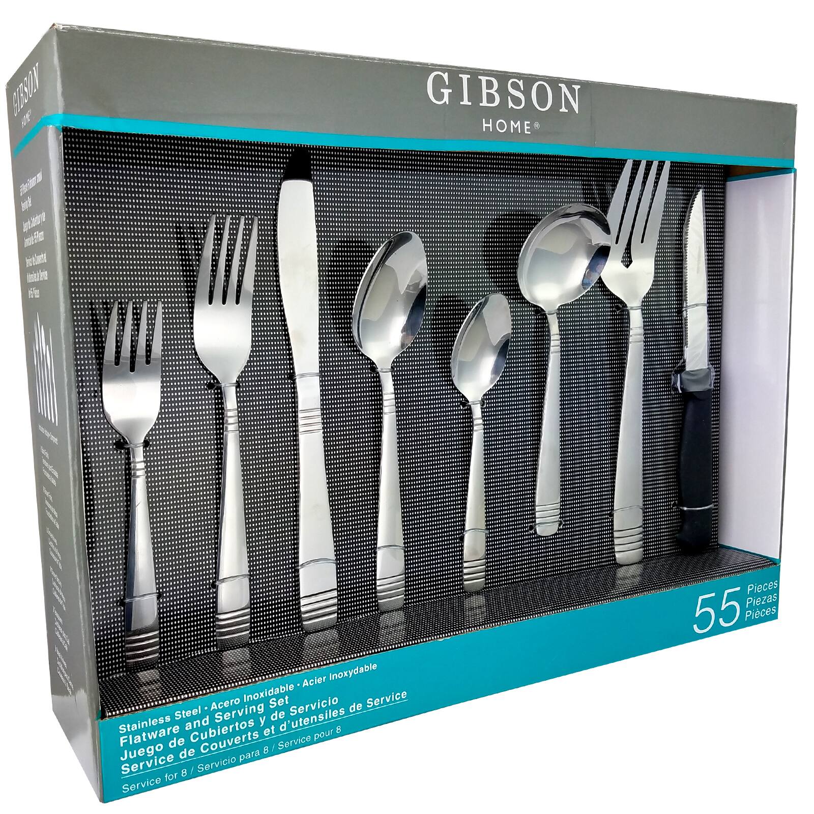 BOSIY IE GIBSON HOME 2 M 1201 e na 2 f Acier Inoxydable Inoxidable Set Service Acero Servicio de Steel Serving y de d'utensiles Stainless and Cubiertos et 8 Flatware de Couverts ! Service pour Juego de 55 Pieces ! Servicio for Service Pieces.