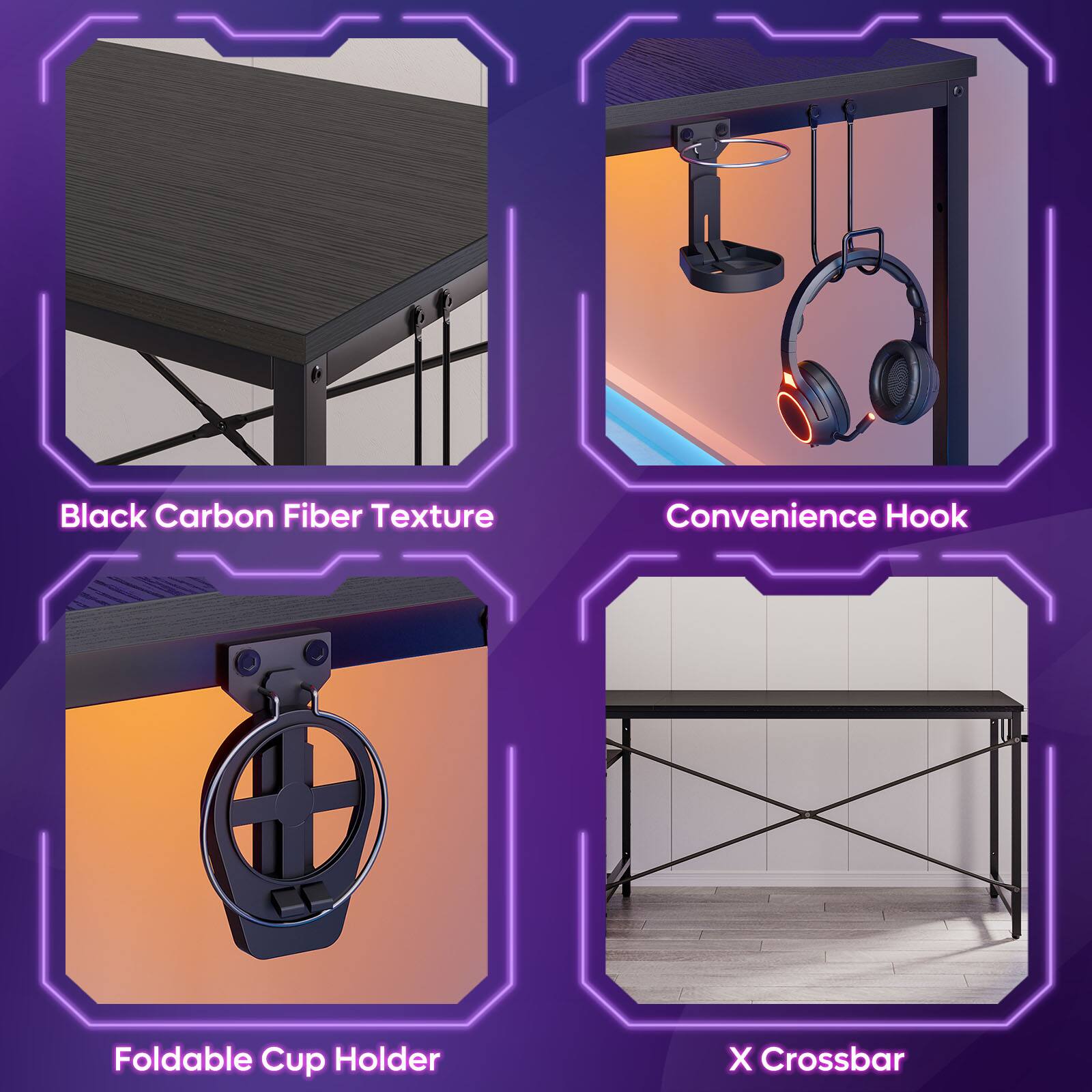 The image features a black table with a crossbar and a foldable cup holder. The table also has a black carbon fiber texture and a convenience hook.