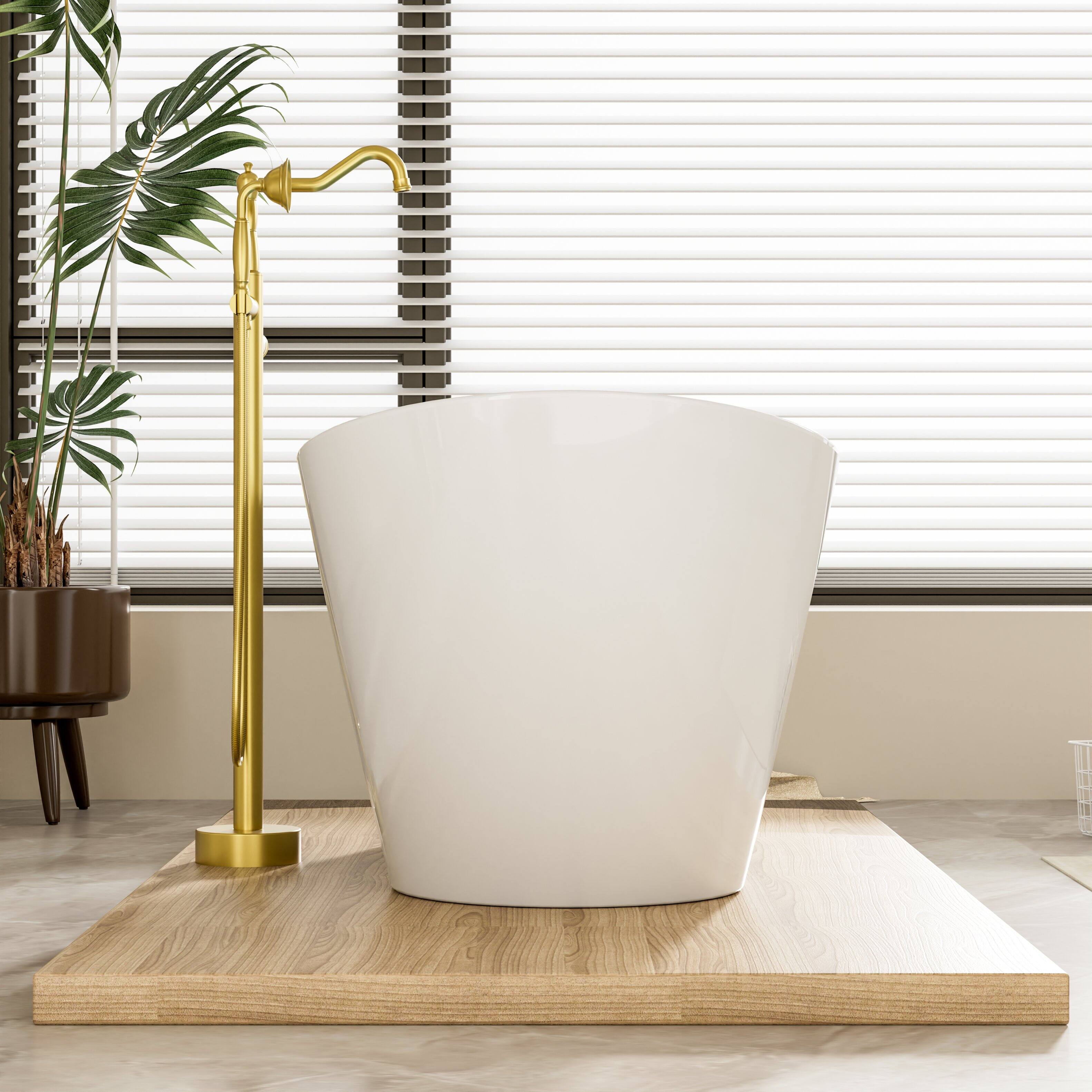 Back. WELLFOR - Vela 67 in. x 29 in. Acrylic Oval Freestanding Soaking Bathtub with Center Drain and Overflow - White.
