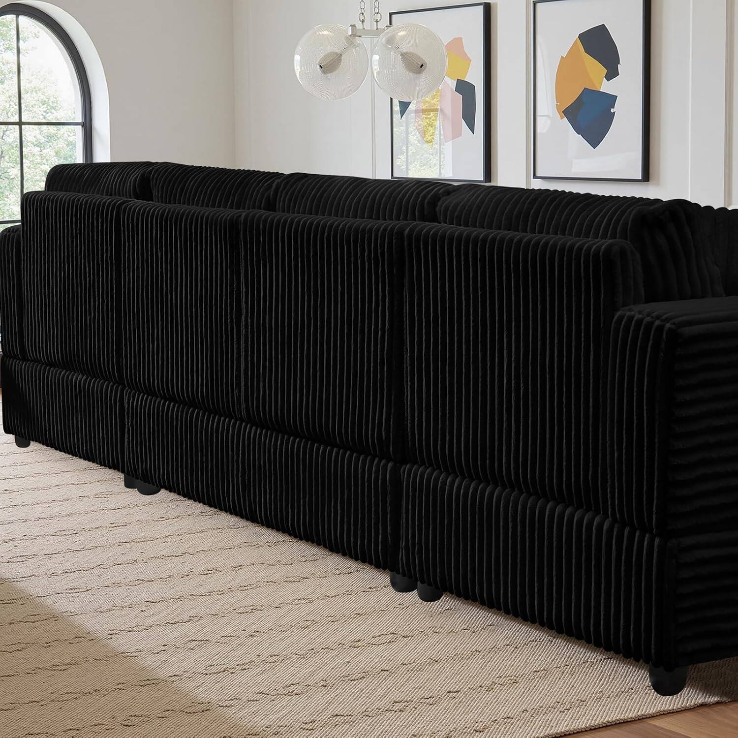 Alt View 6. Meqiodas - 4 Seater Oversized  Modular Sectional Sofa, U Shaped Extra Large Corduroy Couch with Double Chaises - Black.