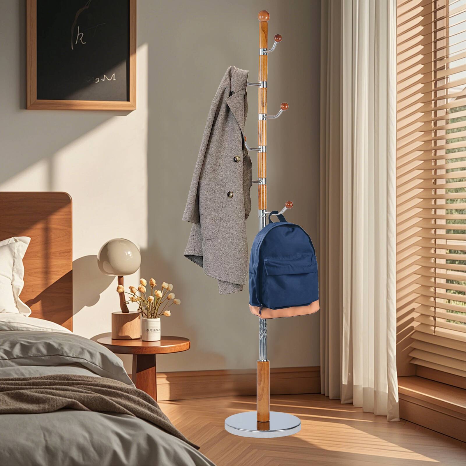 Alt View 7. Chateau Abodes - Solid Wood Coat Rack, Free Standing Rotating Coat Tree with 6 Hooks 180lbs Load, Stury Base - Walnuts Swivel Hook.