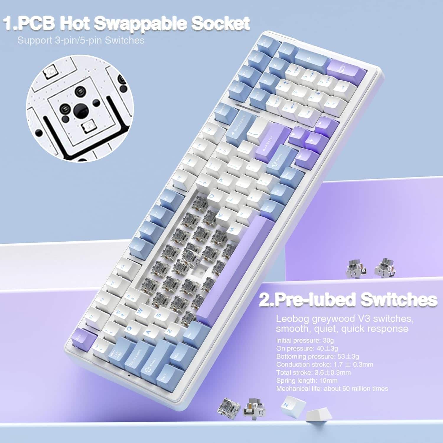1. PCB Hot Swappable Socket Support 3-pin/5-pin Switches
2. Pre-lubed Switches: Leobog greywood V3 switches, smooth, quiet, quick response
- Initial pressure: 30g
- On pressure: 40±3g
- Bottoming pressure: 53±3g
- Conduction stroke: 1.7±0.3mm
- Total stroke: 3.6±0.3mm
- Spring length: 19mm
- Mechanical life: about 60 million times
