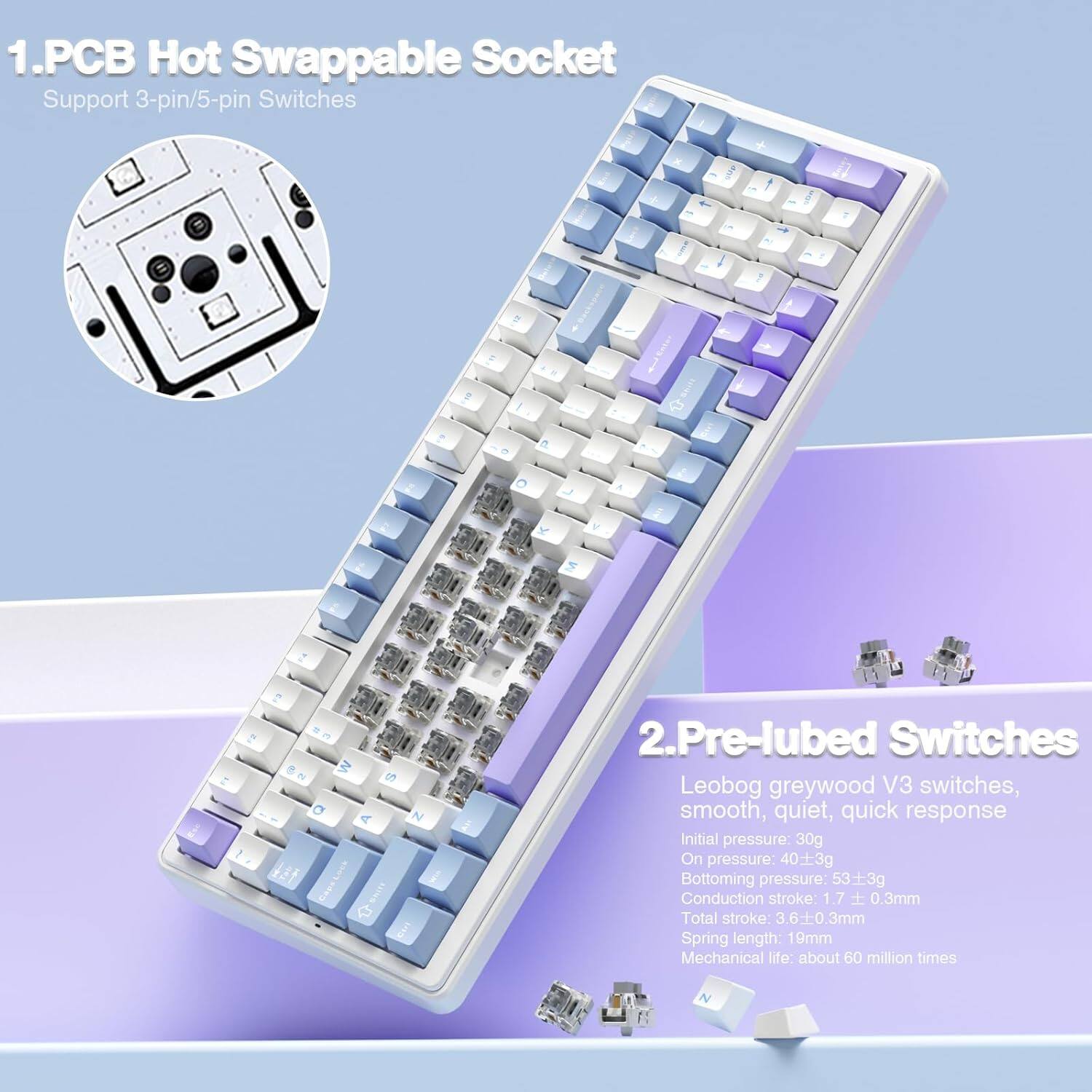 1. PCB Hot Swappable Socket Support 3-pin/5-pin Switches

2. Pre-lubed Switches: Leobog greywood V3 switches, smooth, quiet, quick response
   - Initial pressure: 30g
   - On pressure: 40±3g
   - Bottoming pressure: 53±3g
   - Conduction stroke: 1.7±0.3mm
   - Total stroke: 3.6±0.3mm
   - Spring length: 19mm
   - Mechanical life: about 60 million times
