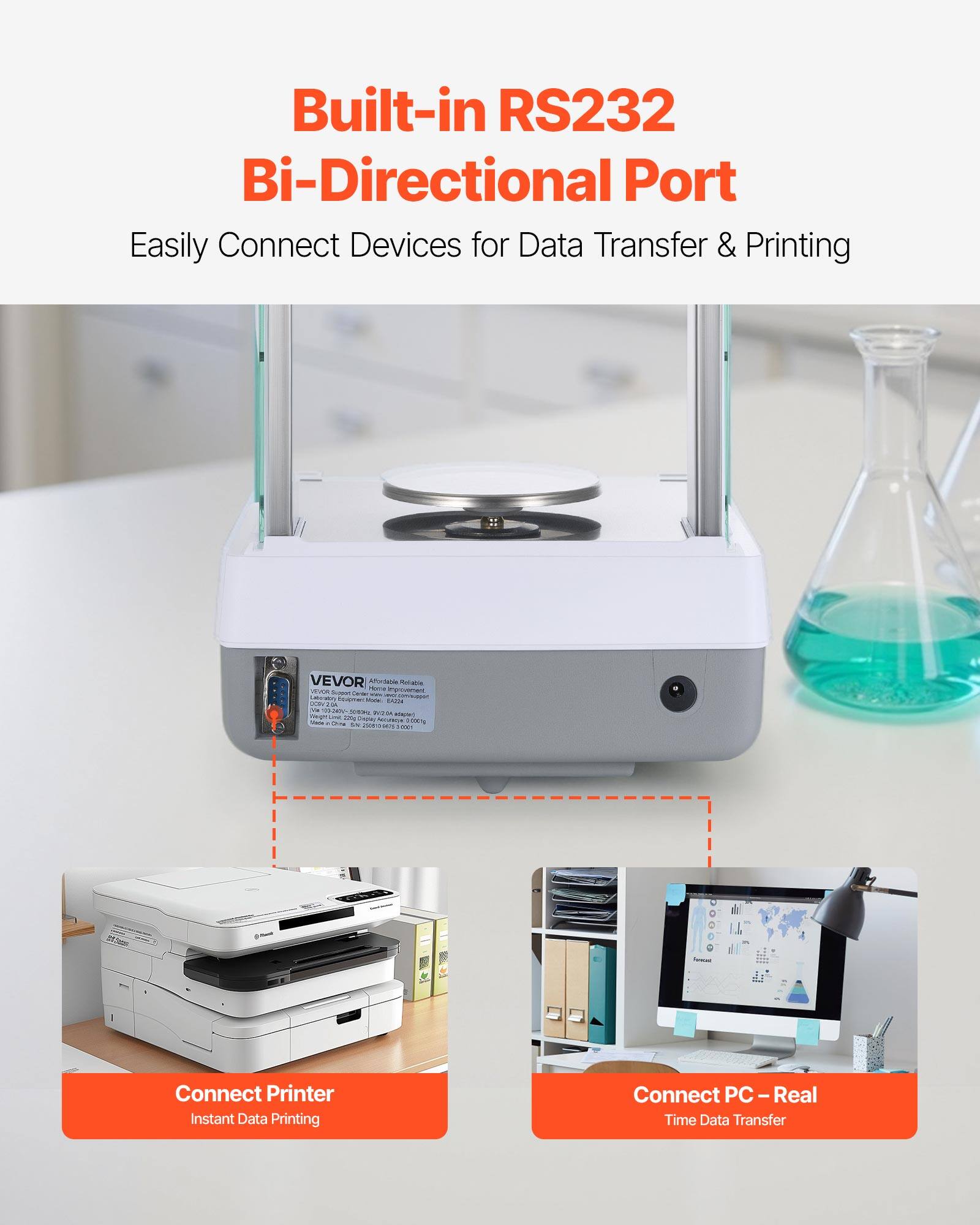 Built-in RS232 Bi-Directional Port  
Easily Connect Devices for Data Transfer & Printing  

Connect Printer  
Instant Data Printing  

Connect PC - Real Time Data Transfer