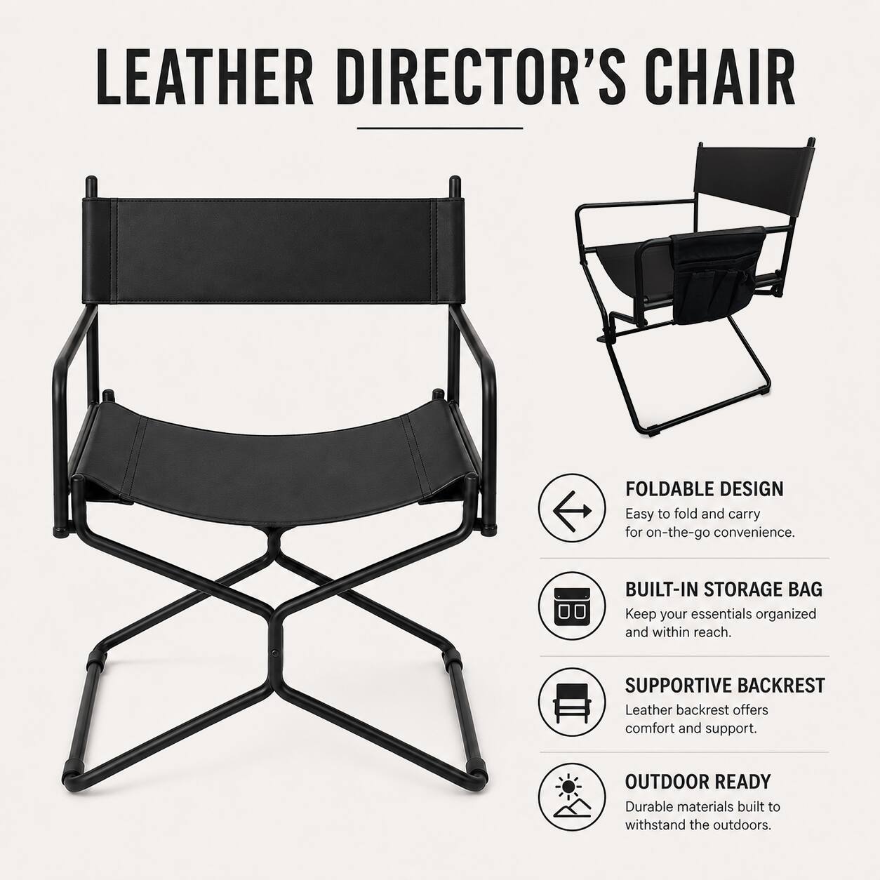 LEATHER DIRECTOR'S CHAIR

FOLDABLE DESIGN
Easy to fold and carry for on-the-go convenience.

BUILT-IN STORAGE BAG
Keep your essentials organized and within reach.

SUPPORTIVE BACKREST
Leather backrest offers comfort and support.

OUTDOOR READY
Durable materials built to withstand the outdoors.