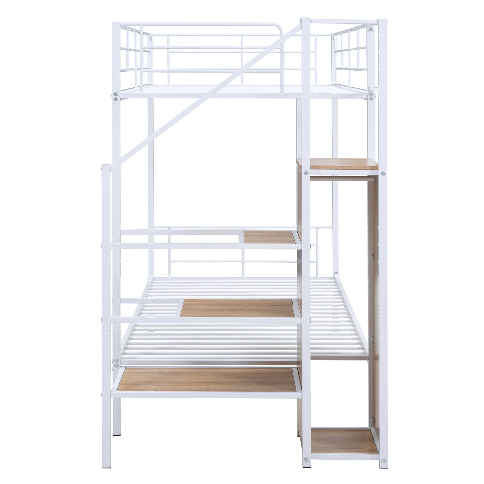 Alt View 2. GOODSILO - Contemporary Twin Over Twin Metal Bunk Bed with Integrated Storage Ladder and Wardrobe - White.