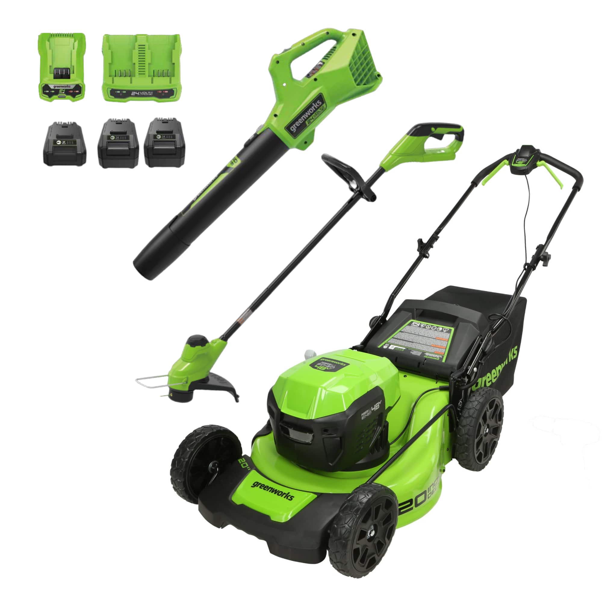 Greenworks - 48V (24V x 2) 20" Cordless Push Mower 3PC Combo Kit, 4Ah 2Ah Batteries and Chargers Included - Green