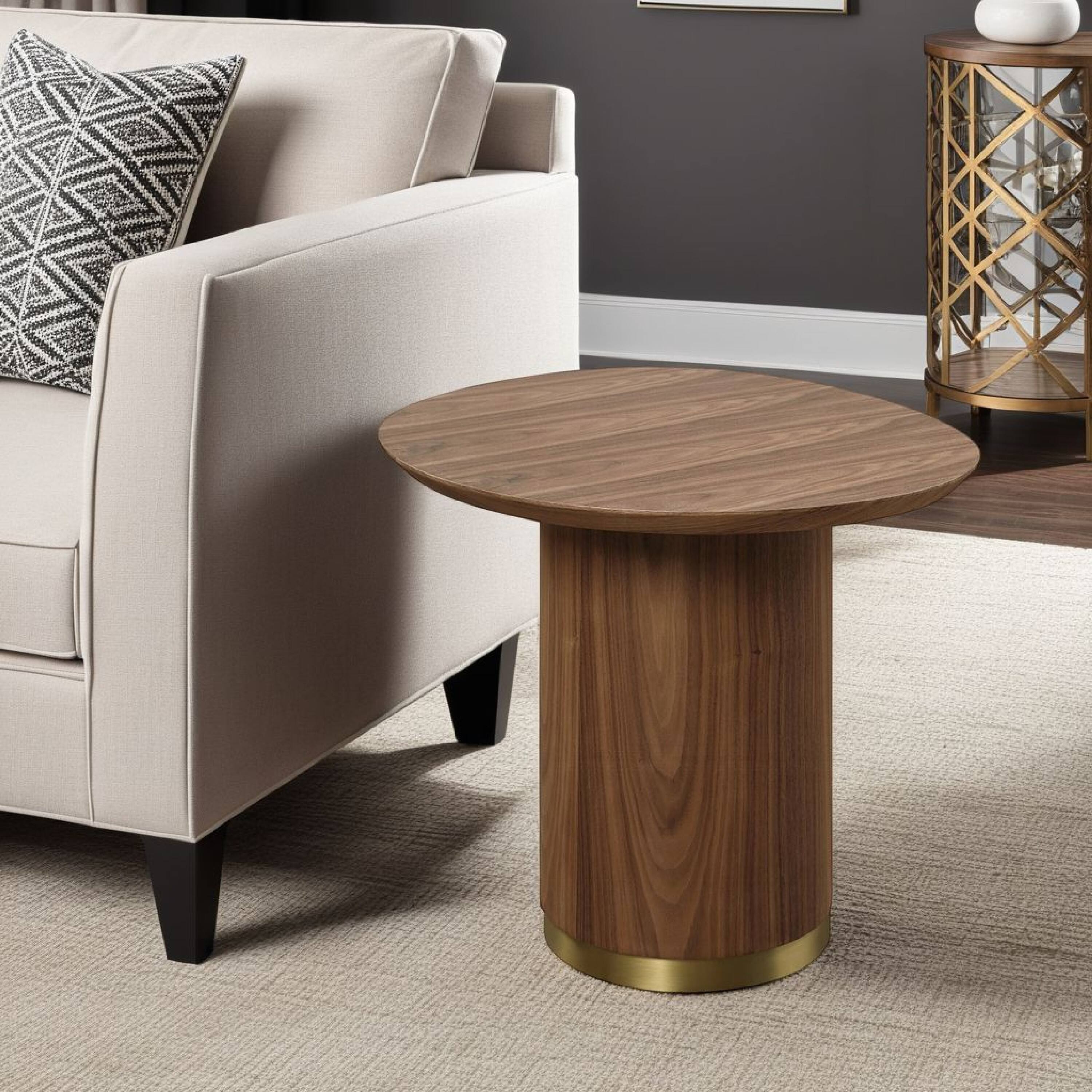 Alt View 5. Manhattan Lane - Iliana Side End Table, 21 Inch Oval Top, Round Pedestal - Walnut Brown, Gold.