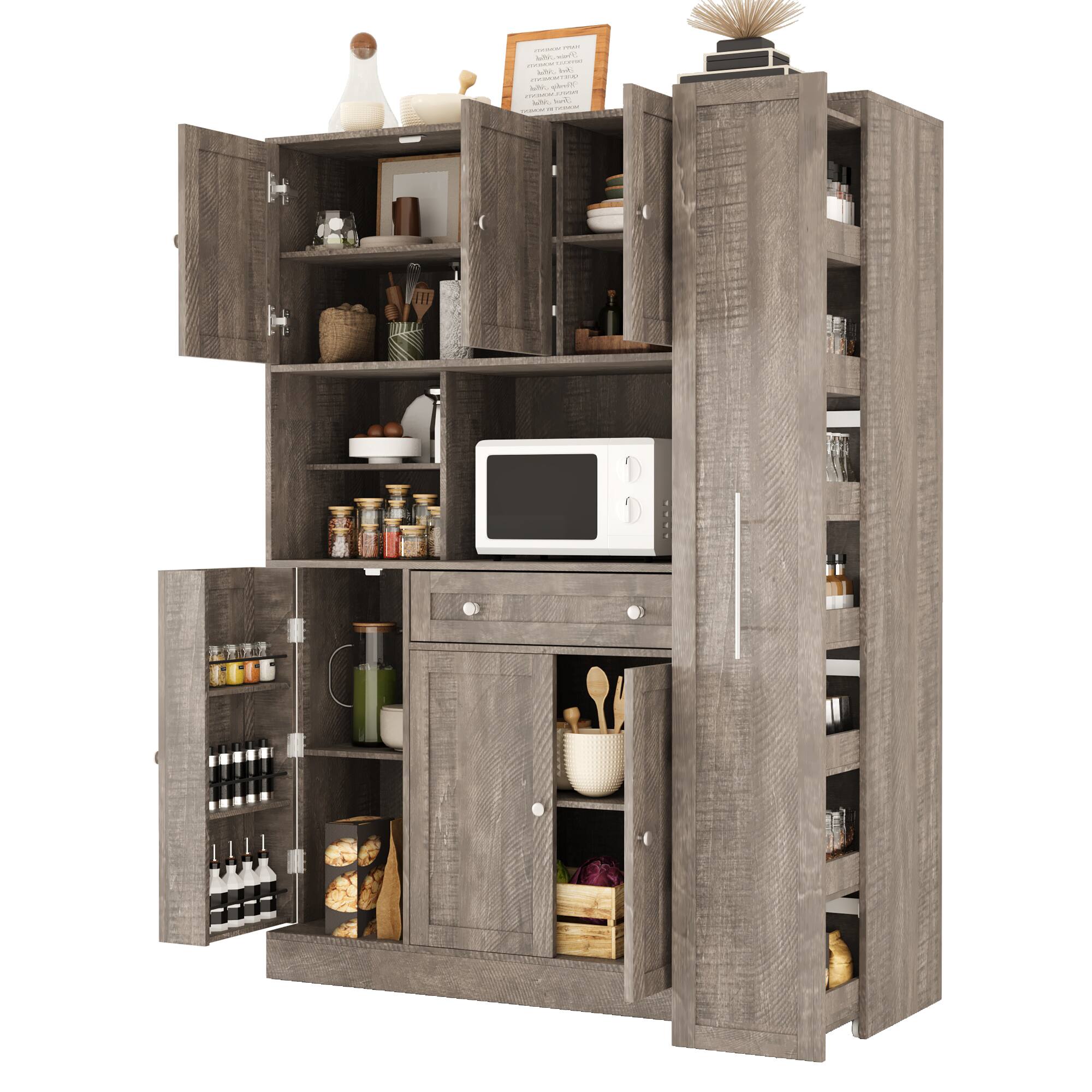 Alt View 2. Forest'nSky - 70" Tall Buffet with Hutch, Large Kitchen Pantry with Pull-Out Side Cabinet & Door Shelves, Brown - Brown.