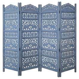 Manhattan Lane - Jumbo 4 Panel Folding Room Divider Screen, Antique Mango Wood, Elephant Motif Carved Design - Blue