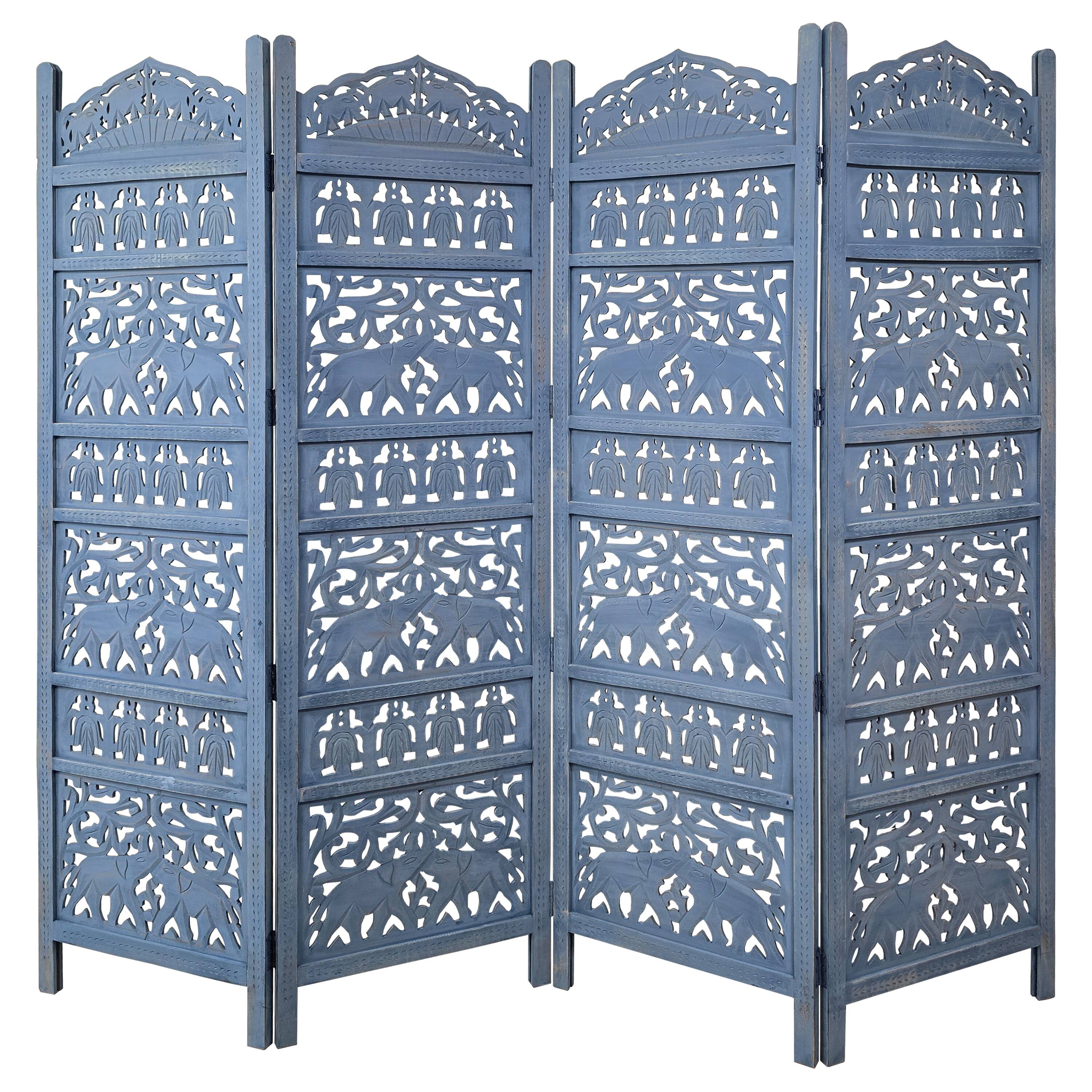 Front. Manhattan Lane - Jumbo 4 Panel Folding Room Divider Screen, Antique Blue Mango Wood, Elephant Motif Carved Design - Blue.