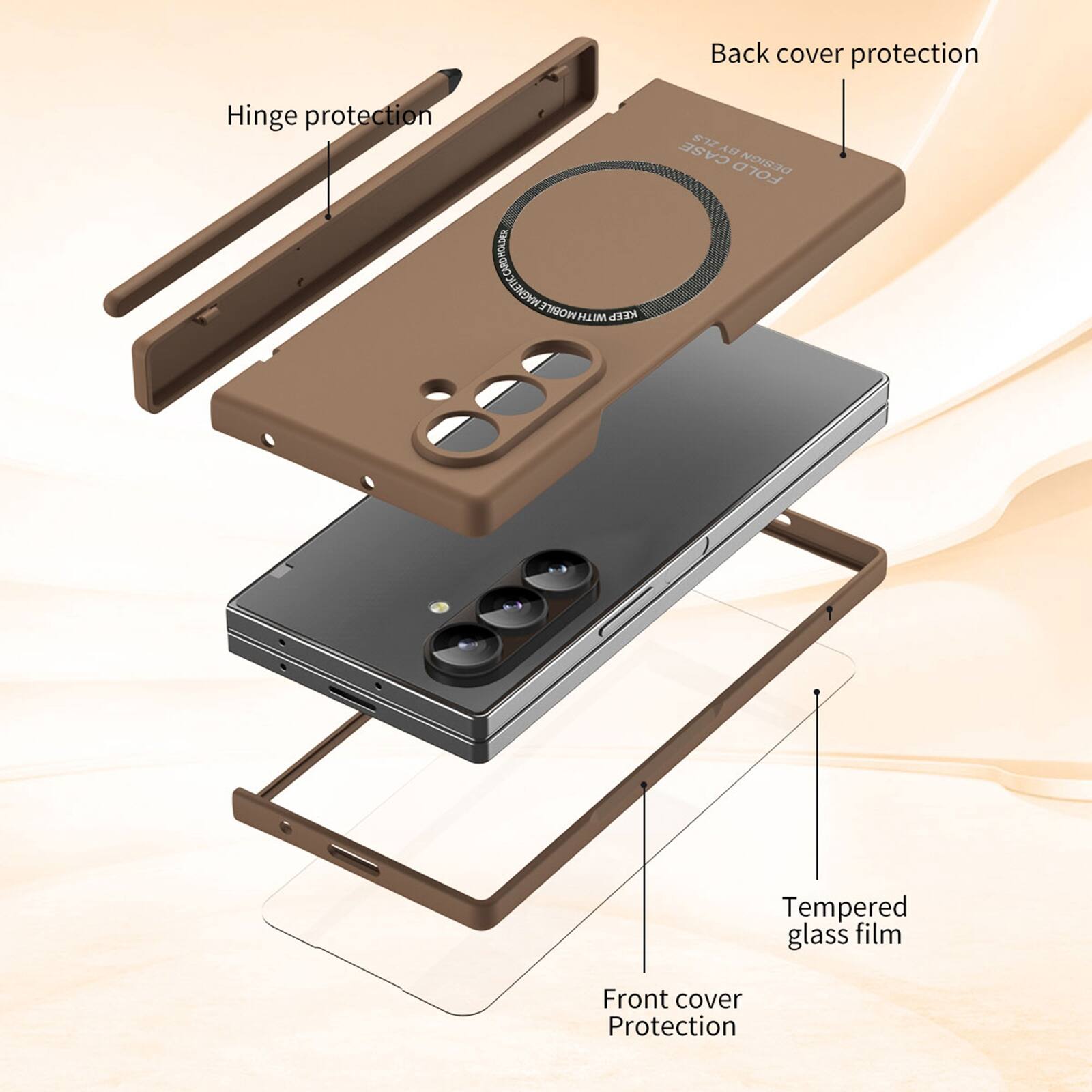 Back cover protection  
Hinge protection  
Card holder with magnetic mobile  
Case fold design  
Tempered glass film  
Front cover protection