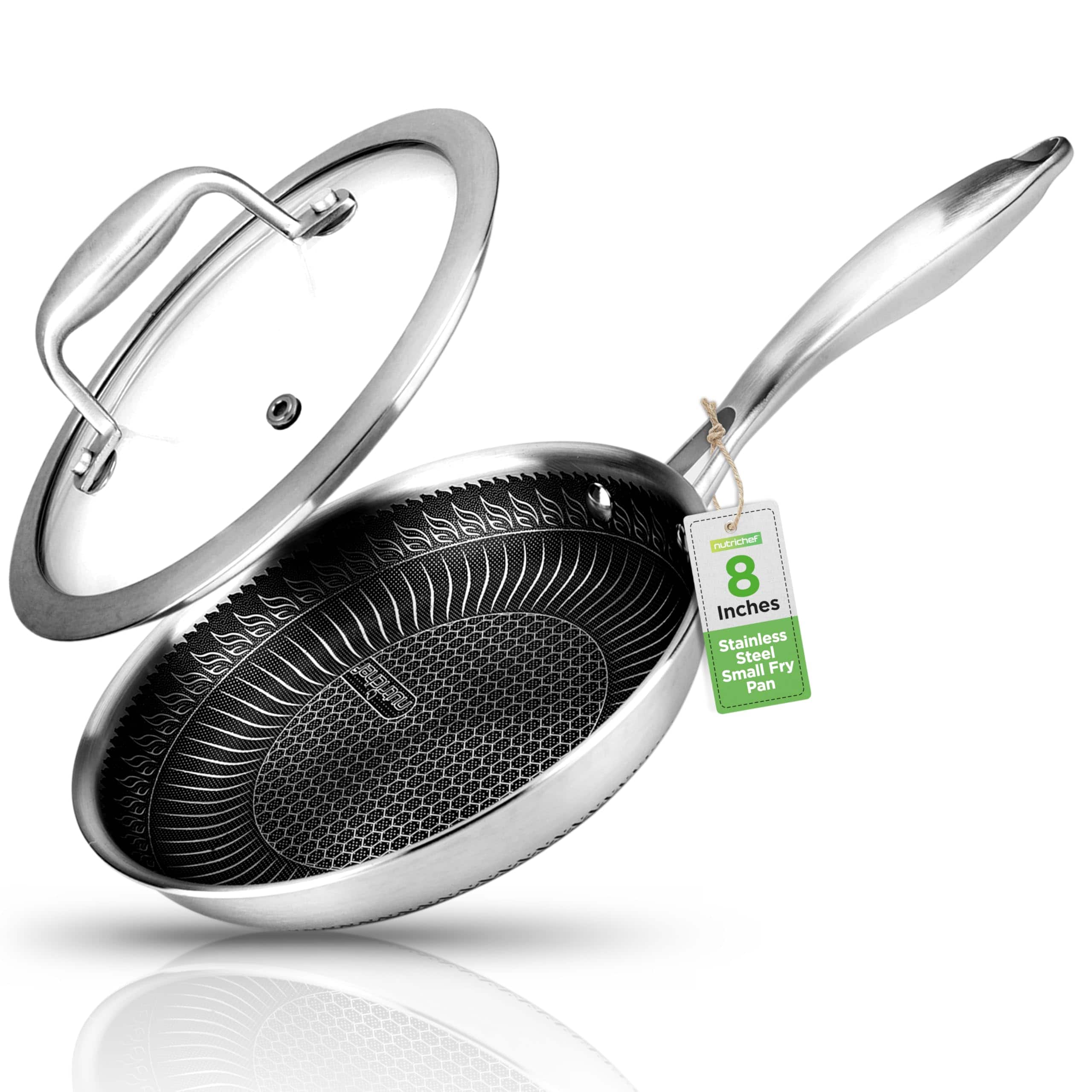 NutriChef - 8" Frying Pan with Lid, Triply Kitchenware, Nonstick, Scratch-Resistant, Honeycomb Pattern - Stainless Steel