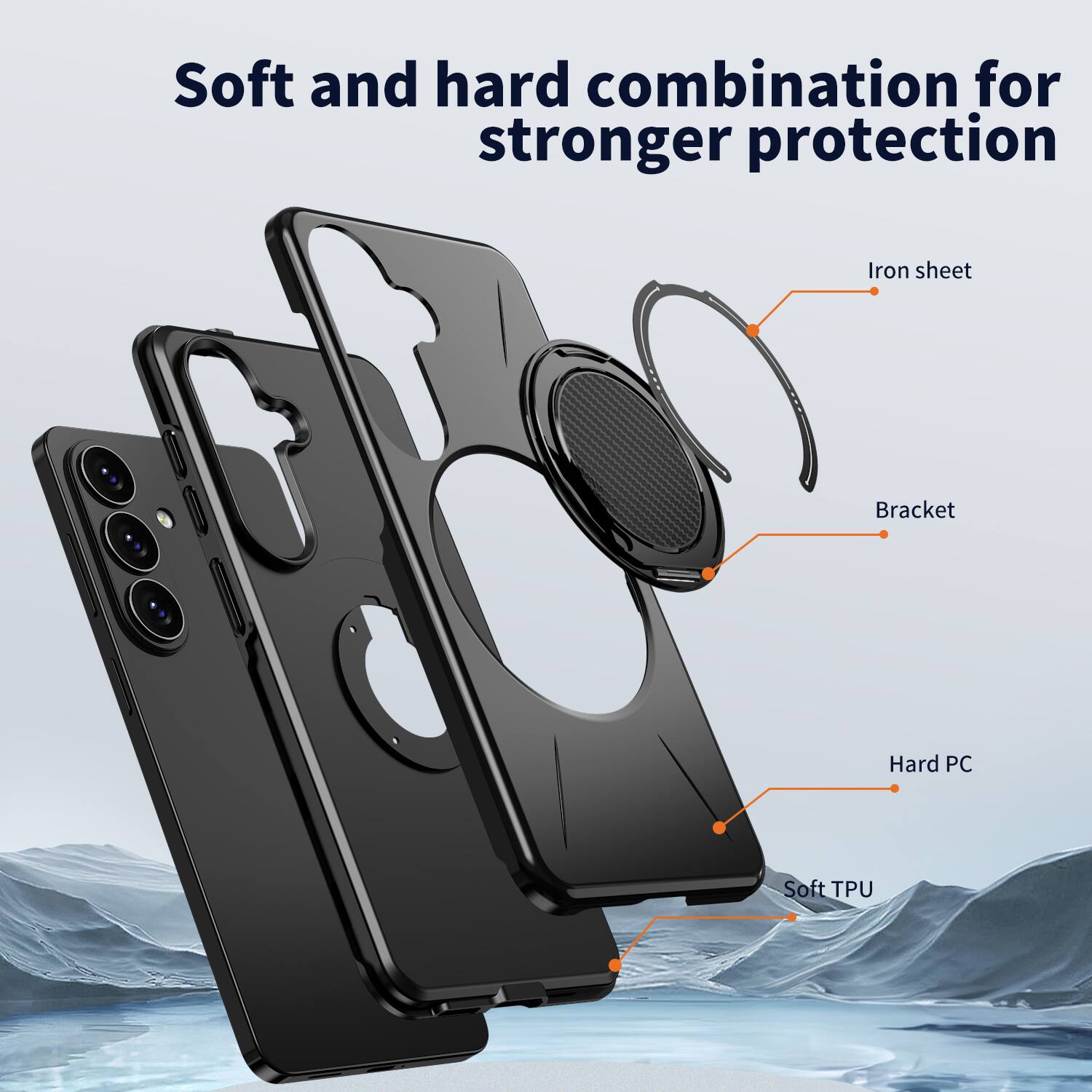 Soft and hard combination for stronger protection

Iron sheet
Bracket
Hard PC
Soft TPU