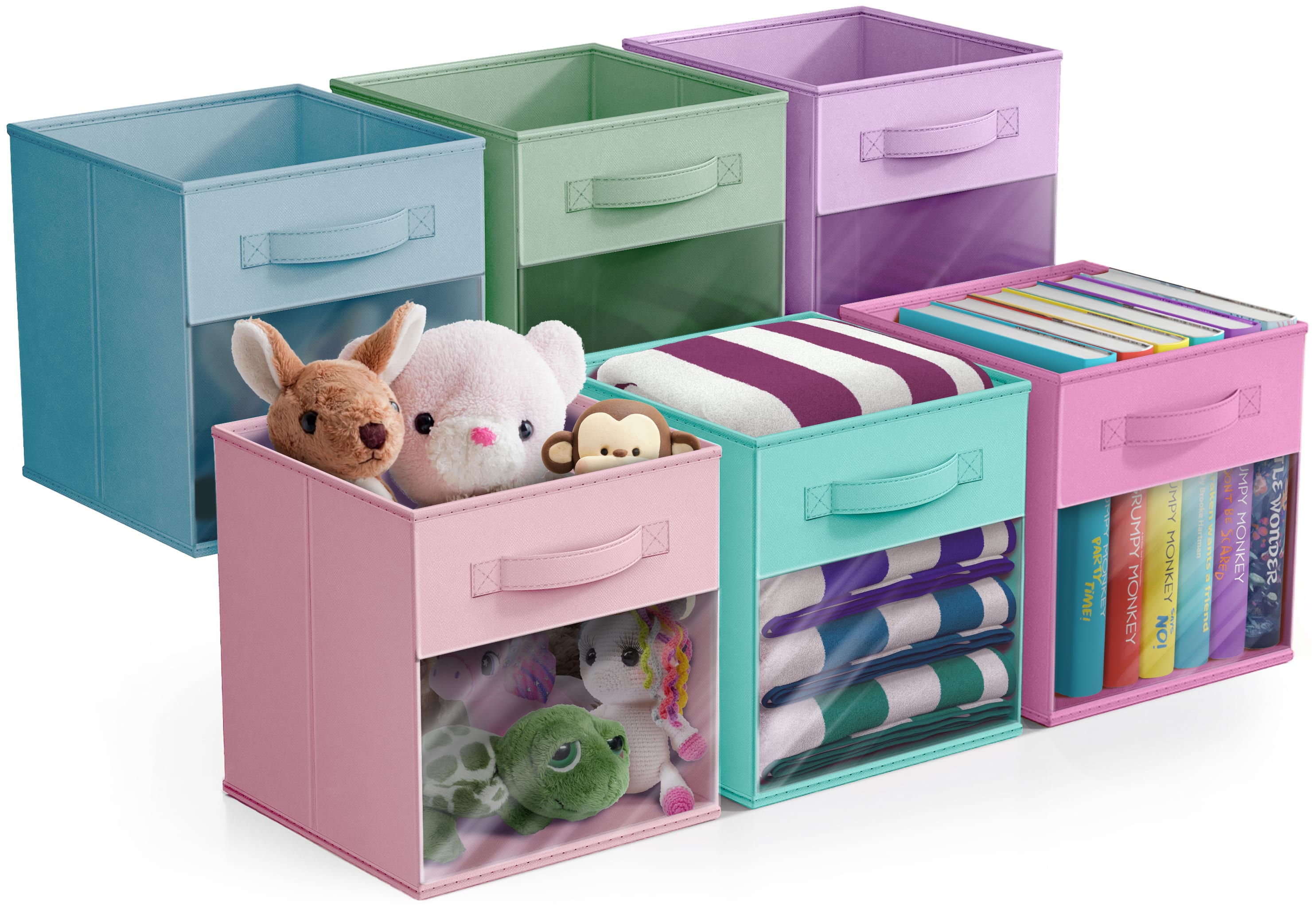 Sorbus - 11 Inch Storage Bins with Clear Window, 6 Foldable Baskets Organizer, Storage Cubes with Handle - Pastel Combo