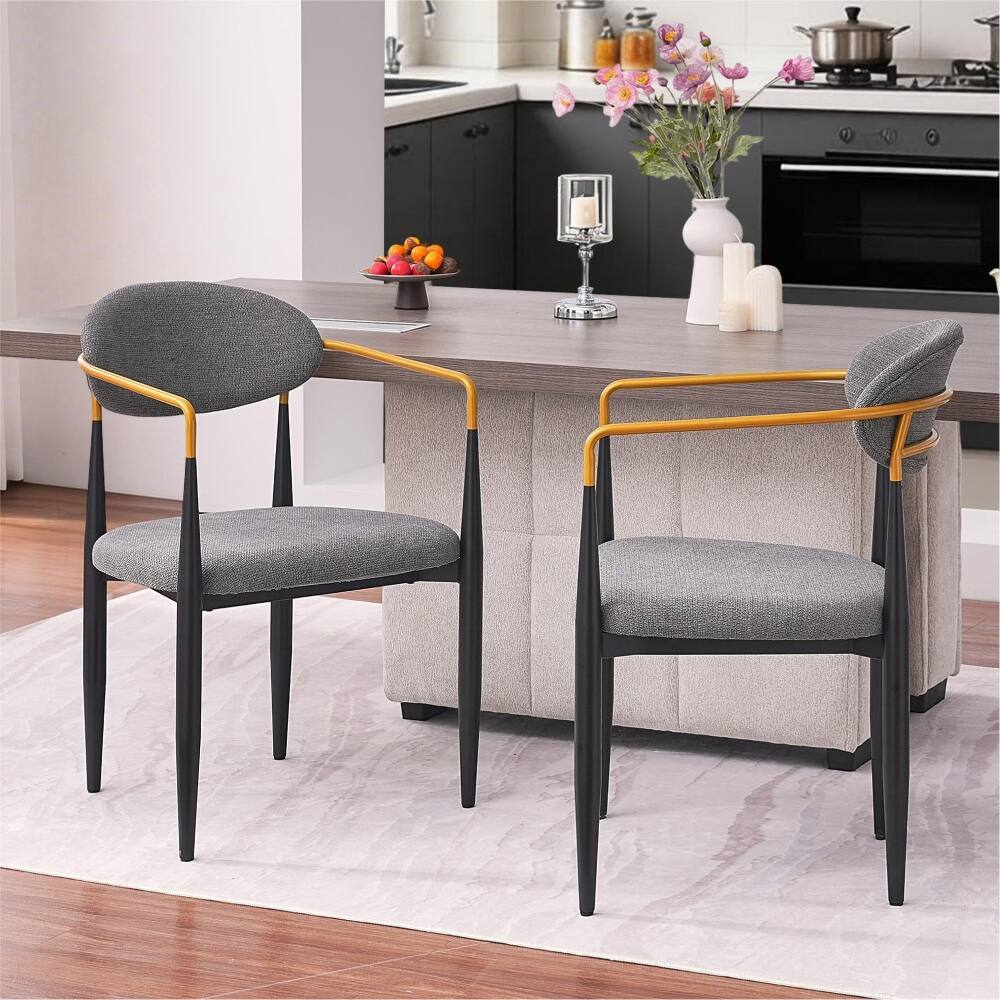 Alt View 2. Loheer - Loheer Modern Upholstered Dining Chairs Set of 2 Grey Fabric Ergonomic Seat Black Metal Frame Gold Armrests - Grey.