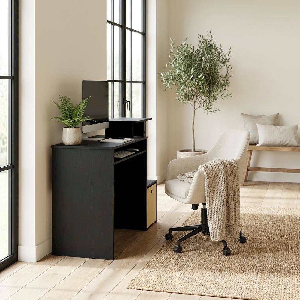Left. BisonOffice - Black multipurpose home office desk with storage bin and sturdy construction - Black/Brown.