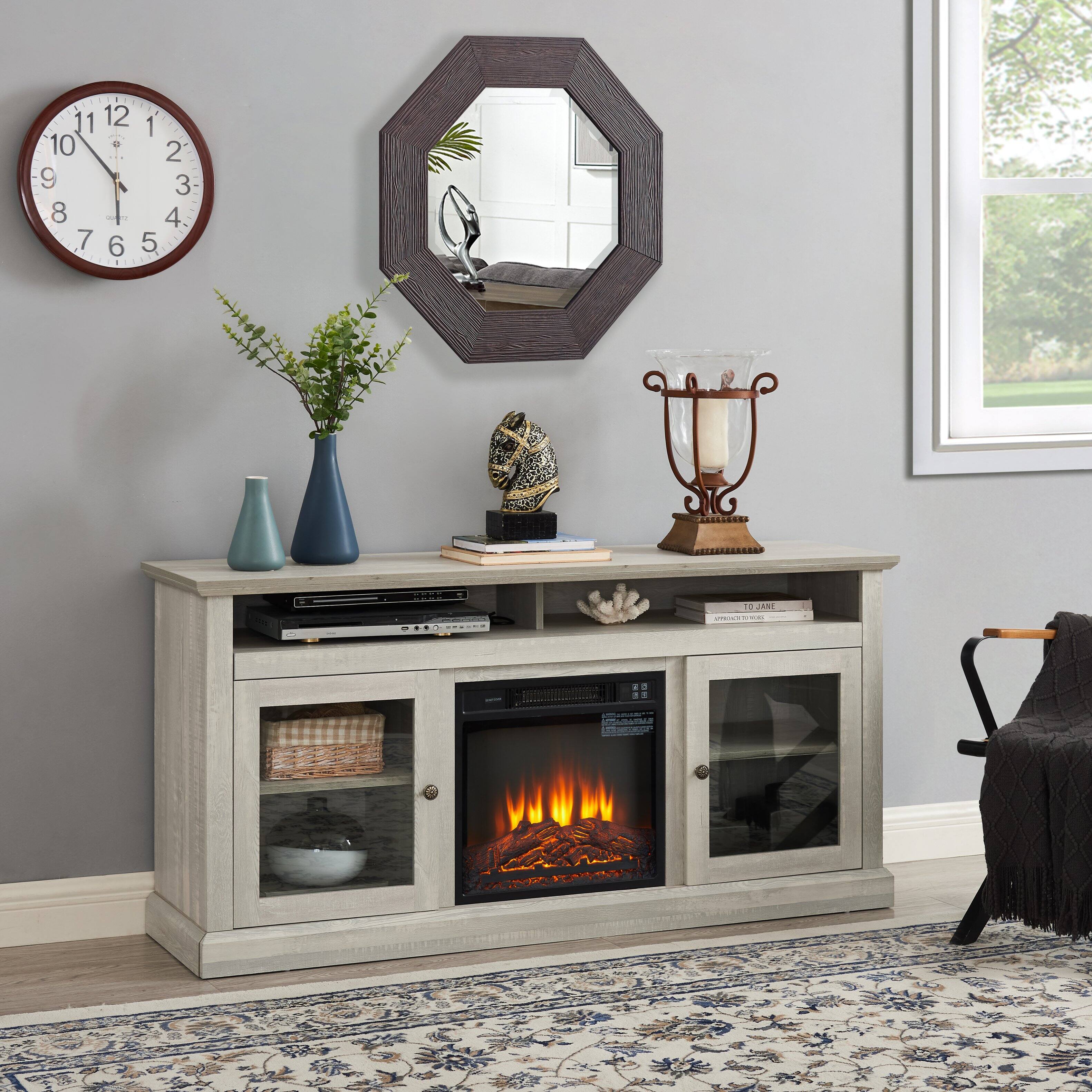 Left. TinyHomie - 60inch W Contemporary TV Media Stand 18inch Fireplace Insert Stone Gray.