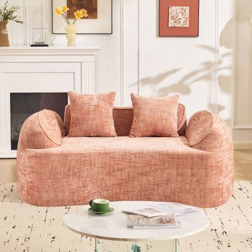 Angle. Anysun - Curved 2-Seat Compressed Sofa - Armrests on Both Sides, 2 Pillows, Perfect for Small Apartments & Living Rooms - Pink.