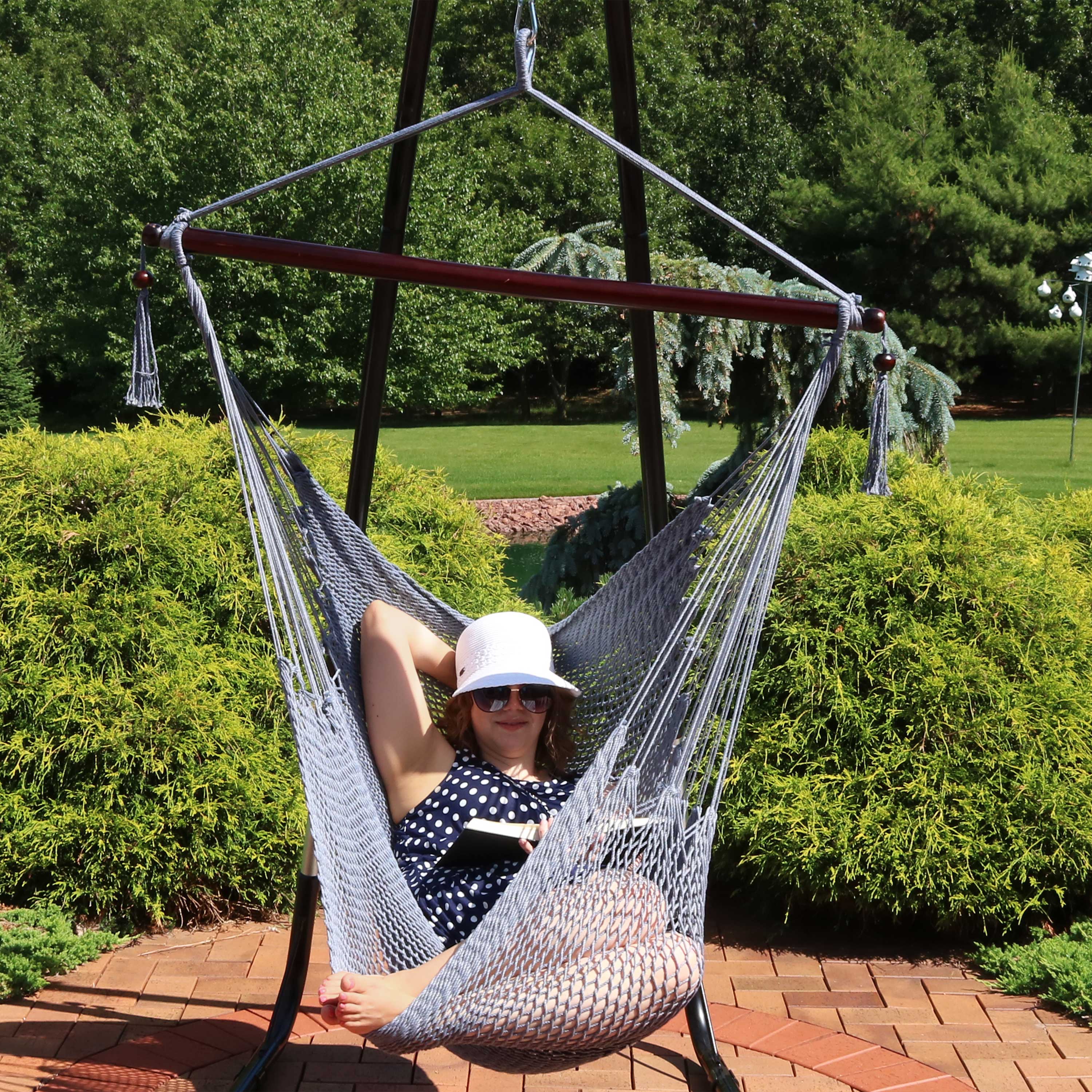 Alt View 5. Sunnydaze - Extra Large Polyester Rope Hammock Chair with Spreader Bar - Gray.