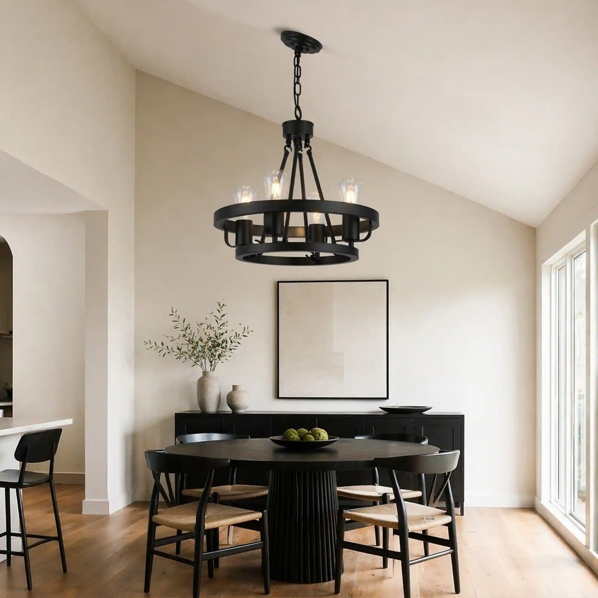 Alt View 1. RYHNUYNE - 4-Light Plug-In Pendant Light with 39.5-Foot Chain, Black Wagon Wheel Industrial Metal Shade, Adjustable Hanging.