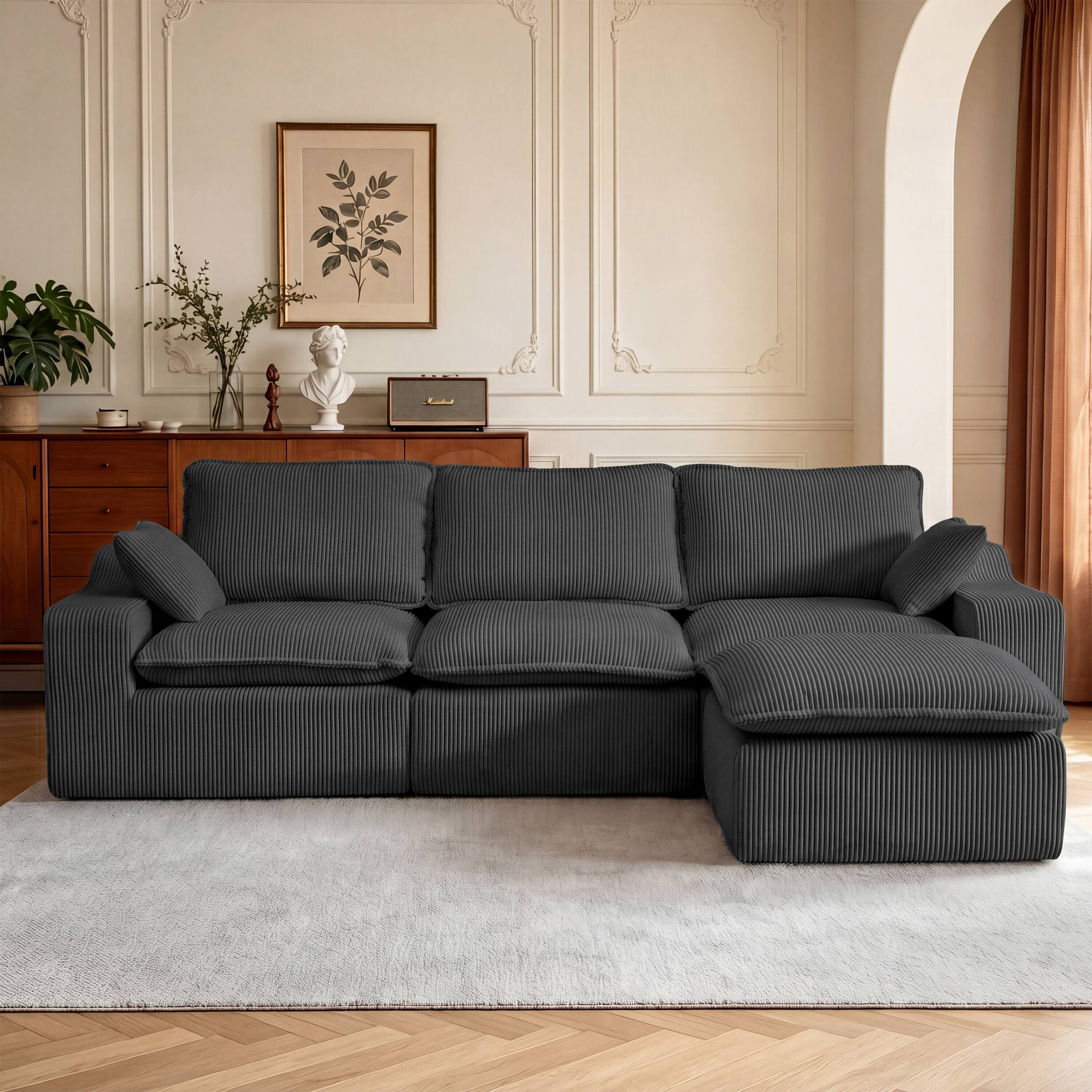 Left. CarterChairr - 107" L-Shape Modular Sectional Sofa with Ottoman & 2 Pillows, Cloud Boneless Couch for Living Room - Gray.
