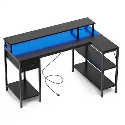 Front. AENKYO - 53" L-Shaped Gaming Desk with Power Outlets, Computer Desk, LED Lighting and Monitor Stand - Black.