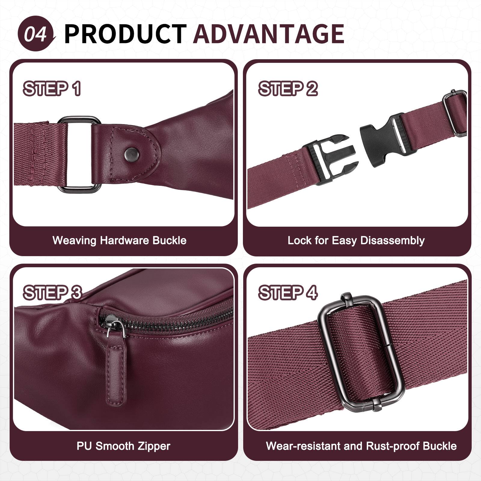 04 PRODUCT ADVANTAGE

STEP 1
Weaving Hardware Buckle

STEP 2
Lock for Easy Disassembly

STEP 3
PU Smooth Zipper

STEP 4
Wear-resistant and Rust-proof Buckle