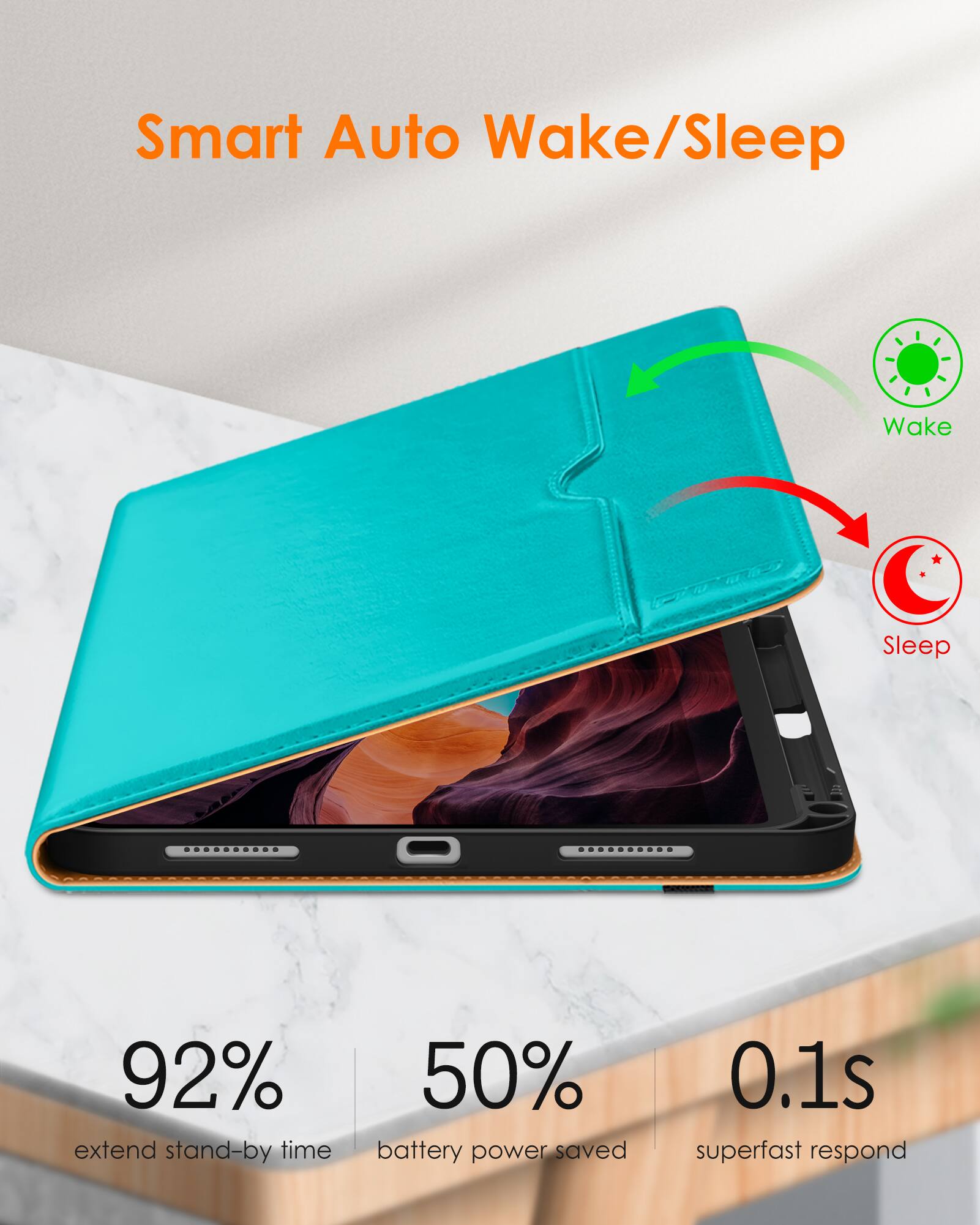 Smart Auto Wake/Sleep

- 92% extend stand-by time
- 50% battery power saved
- 0.1s superfast respond

Wake
Sleep