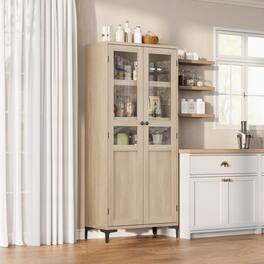 Qeetex - 63" Tall Kitchen Pantry Cabinet with Glass Doors & Adjustable Shelves, 5-Tier Freestanding Storage Cupboard - Pear Wood