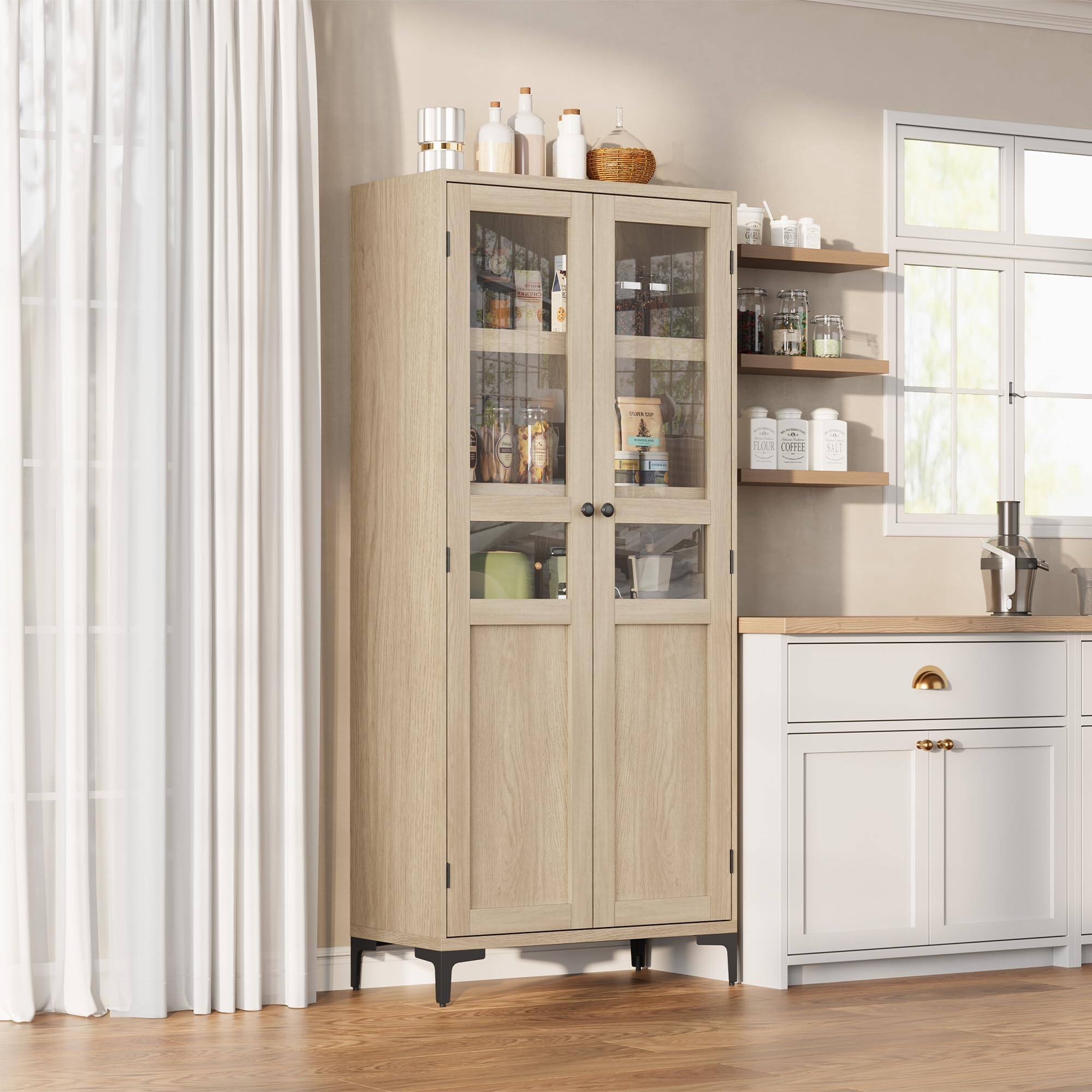 Front. Qeetex - 63" Tall Kitchen Pantry Cabinet with Glass Doors & Adjustable Shelves, 5-Tier Freestanding Storage Cupboard - Pear Wood.