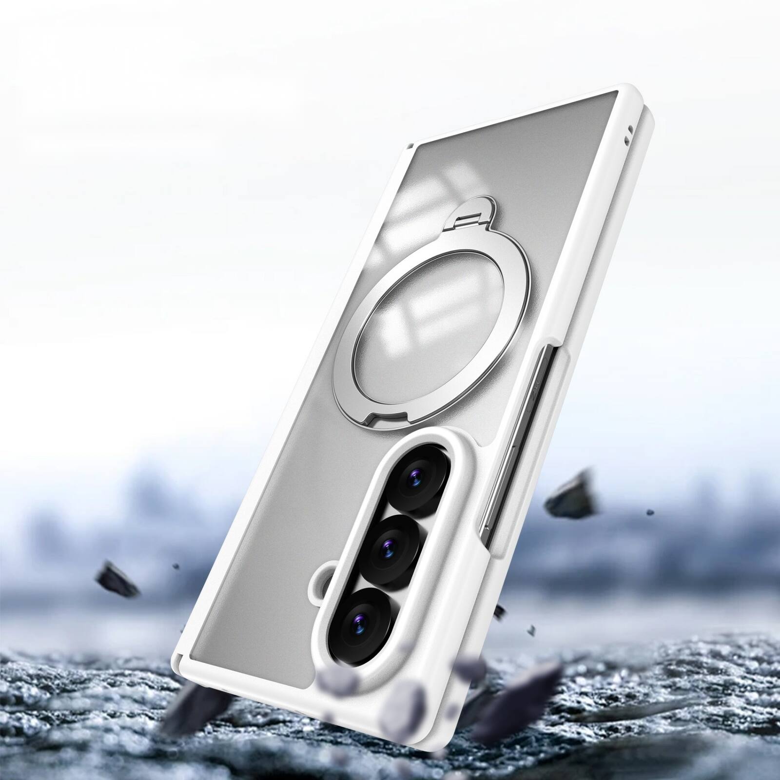 Alt View 1. Dteck - For Samsung Galaxy Z Fold 7 Magnetic Case Built-in Screen Protector,Shockproof Ring Stand Clear Back Hinge Protect Cover - White.