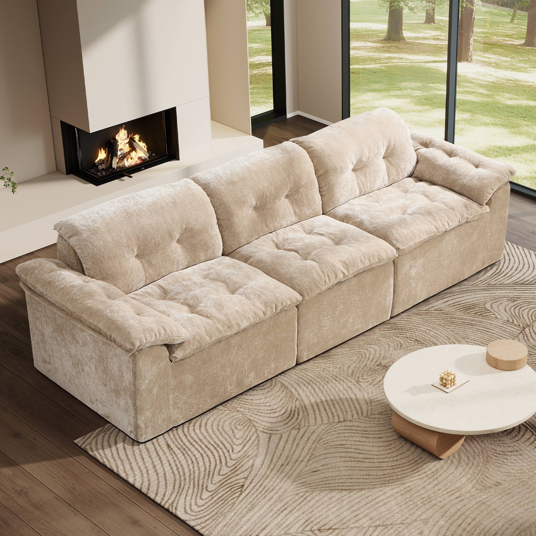 Left. Anysun - 118" Modern Oversized Modular Sectional Sofa – 3-Seater Ice Flower Chenille Boneless with Memory Foam, Cloud Design - Coffee.