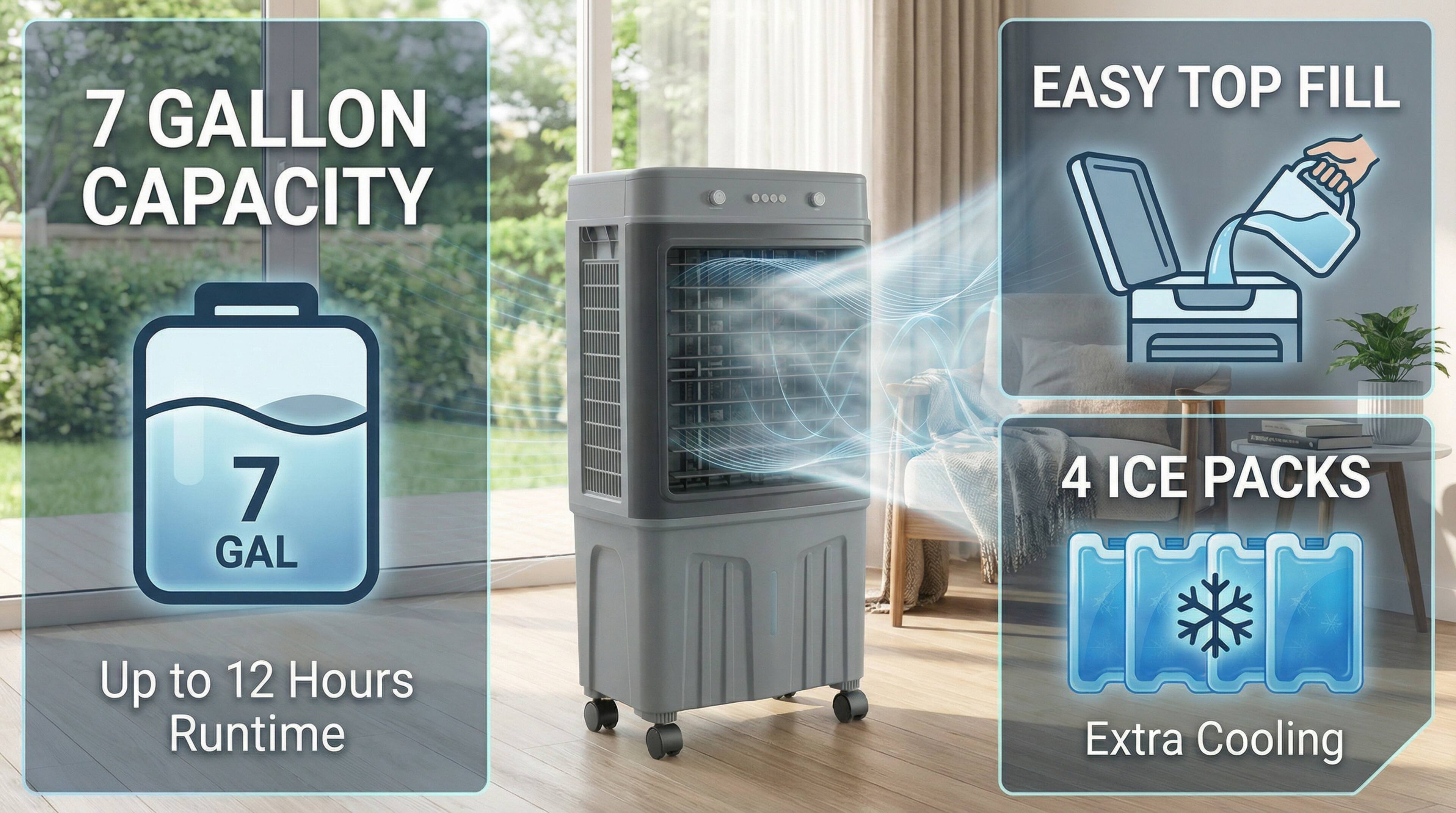 7 Gallon Capacity  
Easy Top Fill  
7 Gal  
Up to 12 Hours Runtime  
4 Ice Packs  
Extra Cooling