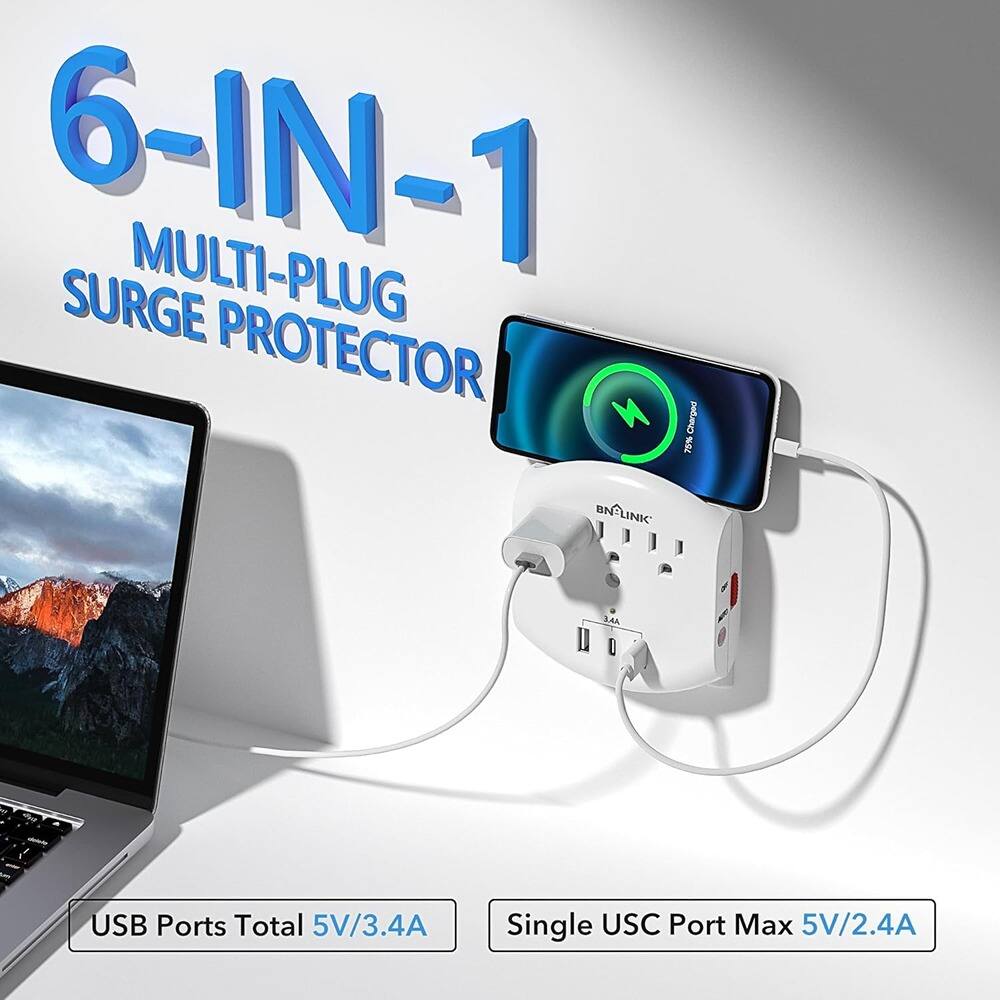 6-IN-1 MULTI-PLUG SURGE PROTECTOR

USB Ports Total 5V/3.4A

Single USC Port Max 5V/2.4A