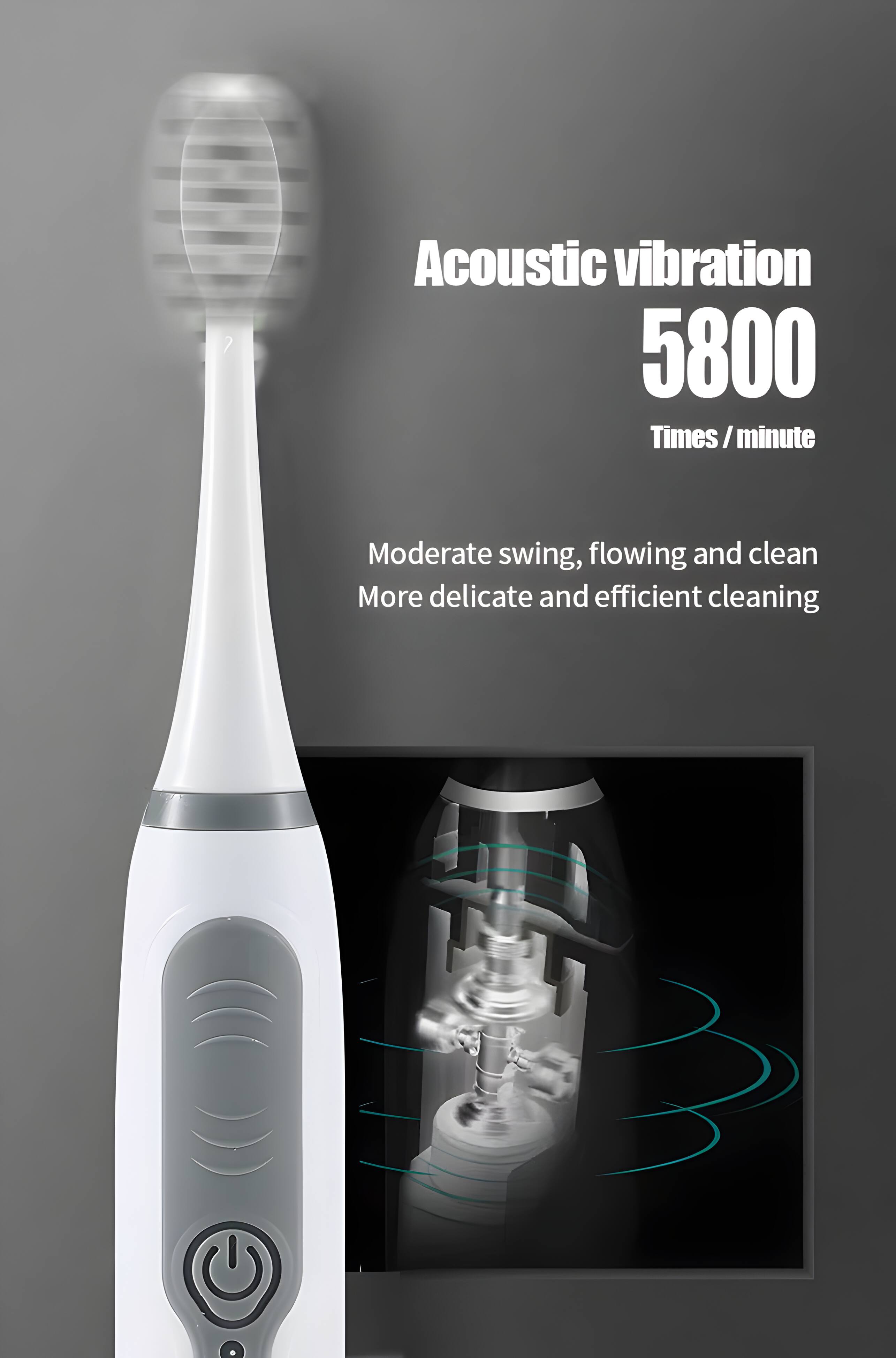 Acoustic vibration 5800 Times/minute  
Moderate swing, flowing and clean  
More delicate and efficient cleaning