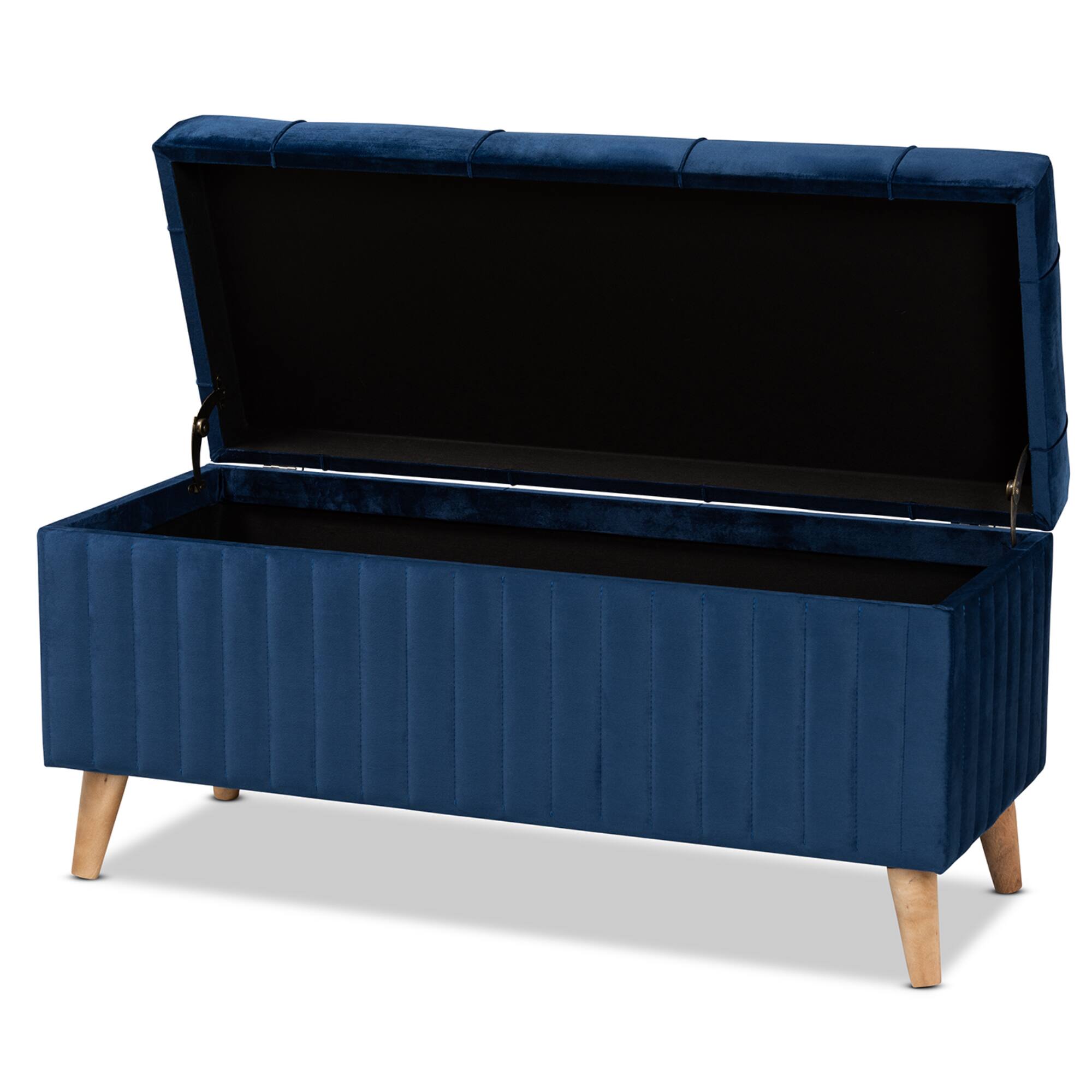 Angle. Baxton Studio - Hanley Modern and Contemporary Velvet Fabric Upholstered and Walnut Brown Finished Wood Storage Ottoman - Navy Blue/Walnut Brown.
