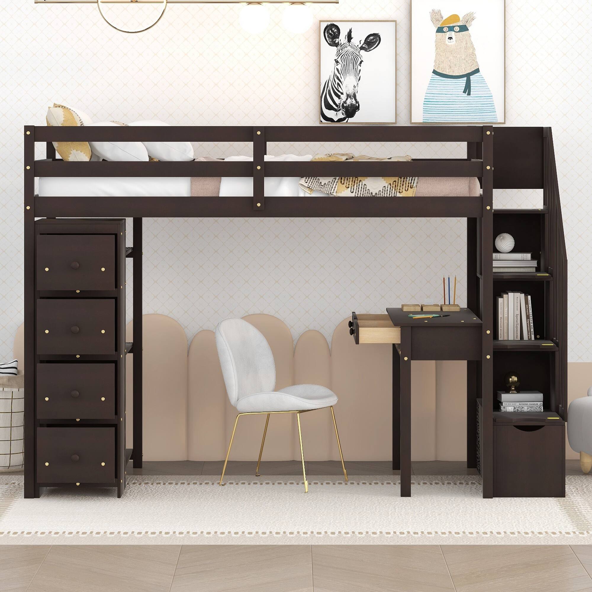 Angle. Aukfa - Twin size Loft Bed with Storage Drawers and Stairs, Wooden Loft Bed with Shelves - Espresso.