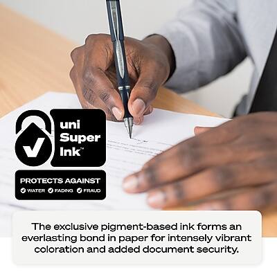 uni Super Ink  
PROTECTS AGAINST  
WATER FADING FRAUD  

The exclusive pigment-based ink forms an everlasting bond in paper for intensely vibrant coloration and added document security.