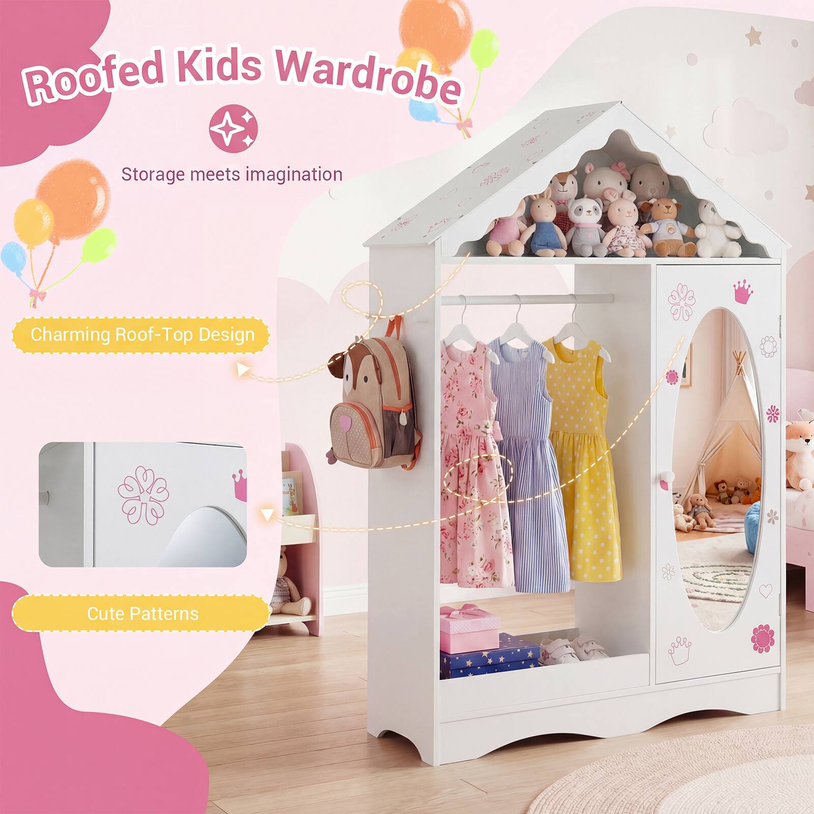 Roofed Kids Wardrobe  
Storage meets imagination  
Charming Roof-Top Design  
Cute Patterns
