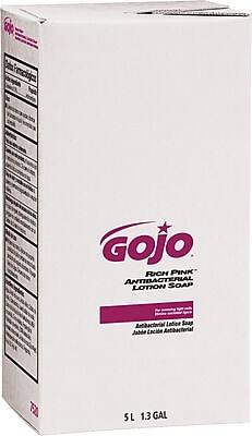 GOJO  
RICH PINK  
ANTIBACTERIAL LOTION SOAP  

Antibacterial Lotion Soap  
Jabón Líquido Antibacterial  

5L 1.3 GAL