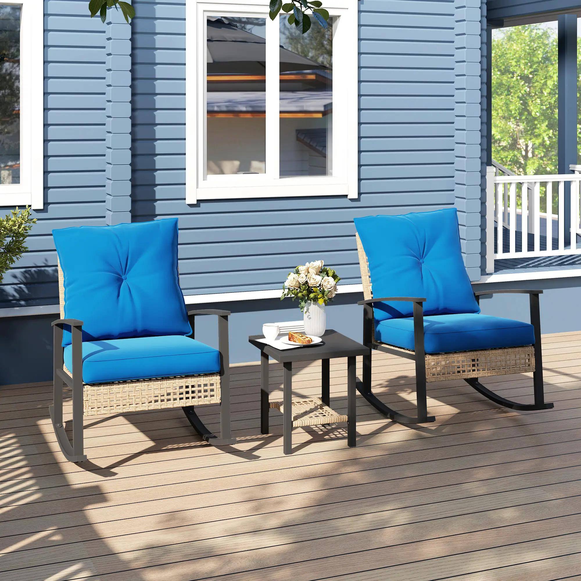 Alt View 6. Resenkos - Resenkos 3-Piece Patio Furniture Set,Button Tufted Cushions, Rattan Rocking Chairs, Coffee Table, Blue - Blue.