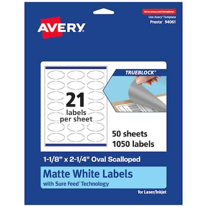 Go to avery.com/templates
AVERY
Use Avery Template Presta® 94061
TRUEBLOCK
21 labels per sheet
50 sheets
1050 labels
1-1/8" x 2-1/4" Oval Scalloped Matte White Labels with Sure Feed Technology for Laser/Inkjet